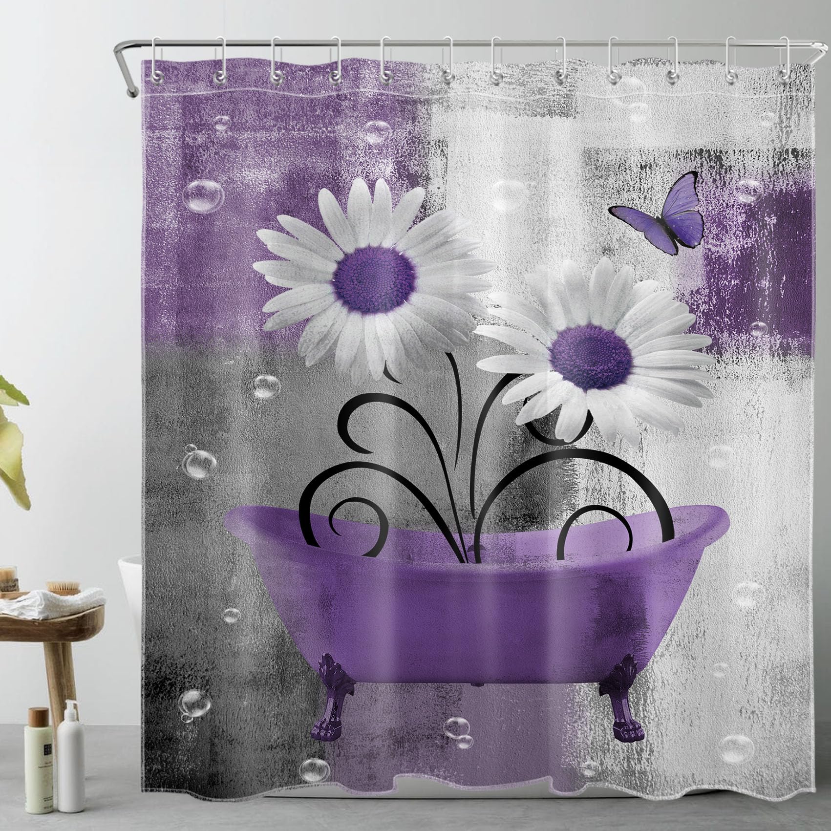 Meunear Purple Floral Shower Curtain Set Farmhouse Daisy Flower Butterfly In Bathtub Shower Curtain For Bathroom, Modern Abstrac