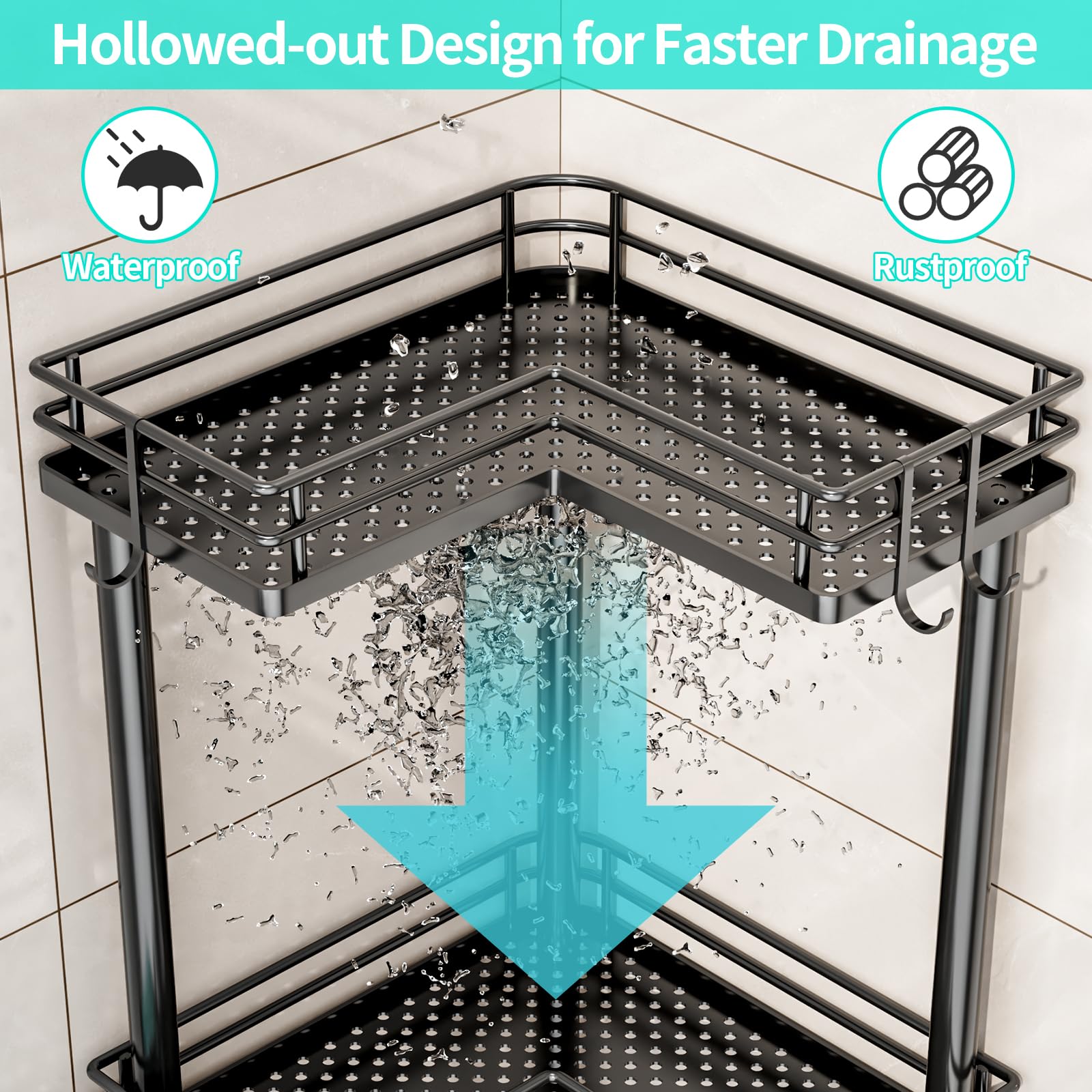 Hapirm Corner Shower Caddy Standing - 3 Tier Shower Organizer Corner With Soap Holder, Rustproof Shower Shelves With 4 Hooks For