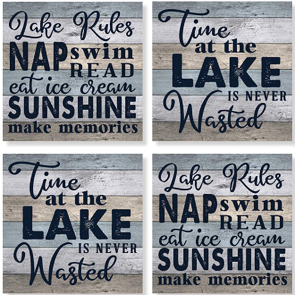Carson Ss74383 Lake Rules Square House Coaster Set Of 4, 4-Inch Diameter, Multicolor