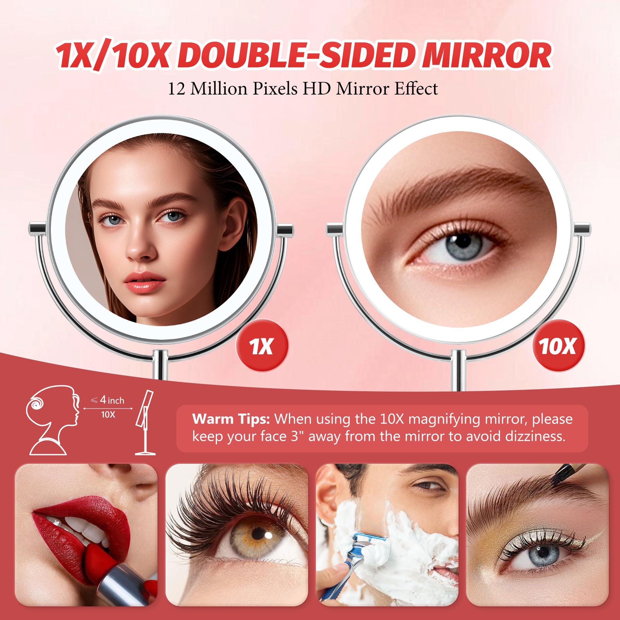 Magnifying Makeup Mirror With Light: 9'' Large 1X/10X Lighted Makeup Mirror, Double Sided Vanity Tabletop Mirror 360Rotation & A