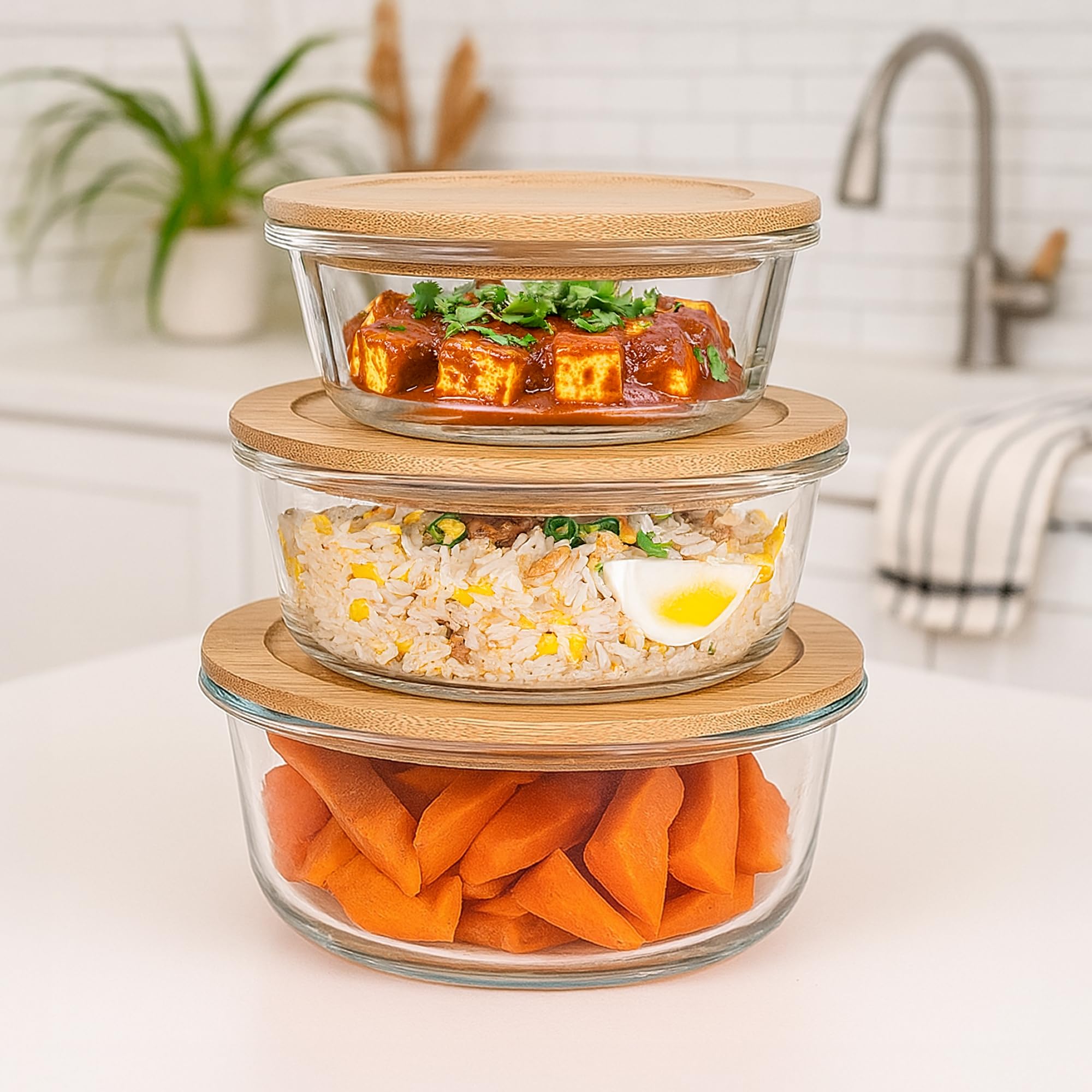 The Better Home Zest Series Borosilicate Glass Food Container With Bamboo Lid (3Pcs 400Ml 650Ml 950Ml) | Kitchen Storage | Micr