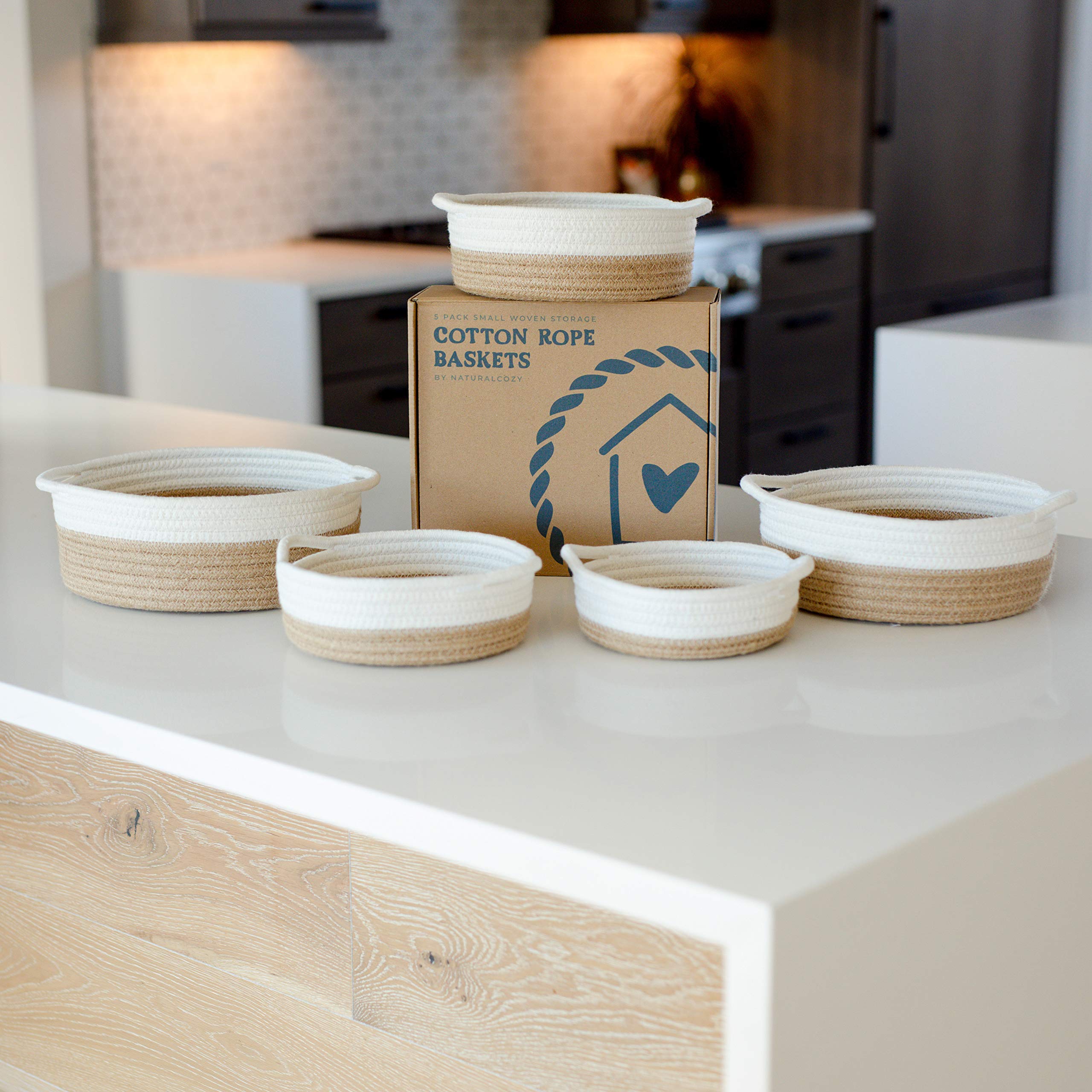 Naturalcozy 5-Piece Round Small Woven Baskets Set- Cotton Rope Baskets For Organizing! Montessori Toys, Fruits Remotes Key Tray