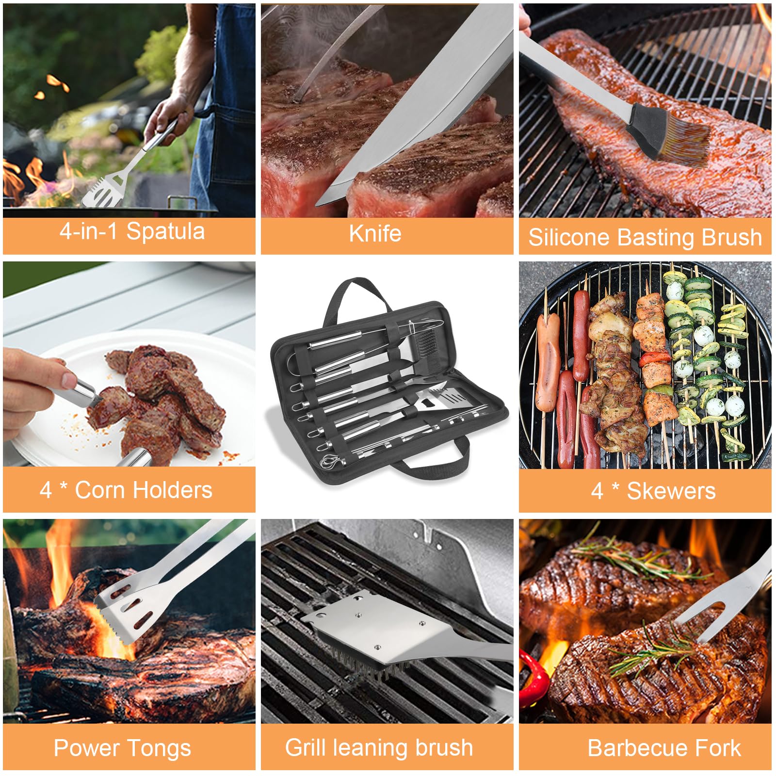 Anpro Grill Kit  Grill Set  Grilling Utensil Set  Grilling Accessories  BBQ Accessories  BBQ Kit  BBQ Grill Tools Smoker  Camping  Kitchen  Stainless Steel  21 Pcs Grilling Gifts for Fathers Day