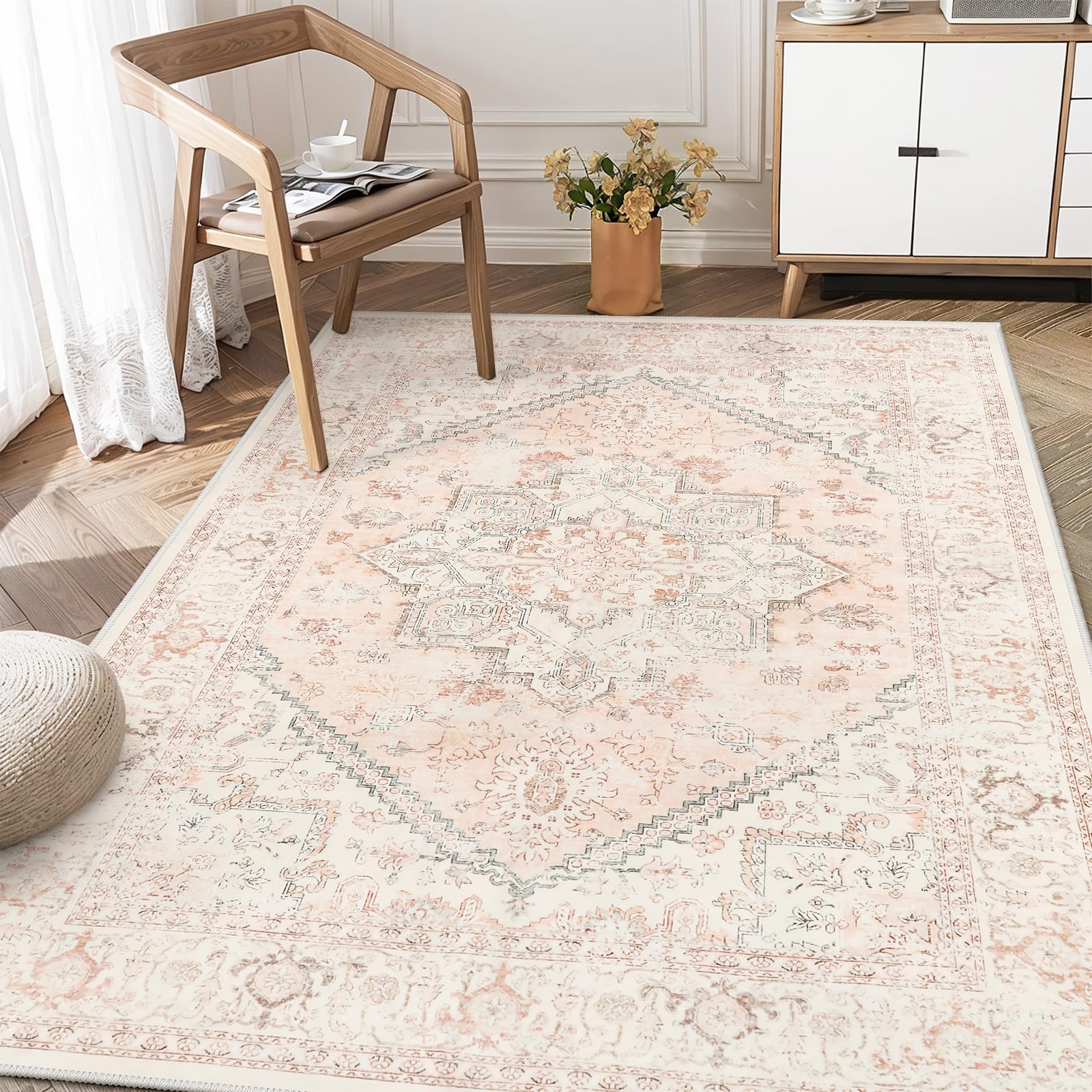 LIVEBOX Area Rug Pink 4x6 - Oriental Floral Bedroom Rug Vintage Low-Pile Indoor Rug for Kids Room, Non-Shedding Retro Carpet, Ac