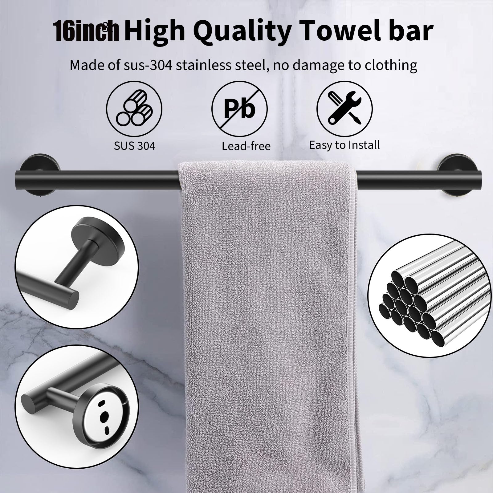 Newfun 16 Inch Matte Black Bathroom Towel Bar,2Pcs Towel Racks For Bathroom Rod Classic Sus304 Stainless Steel Bathroom Towel Ho