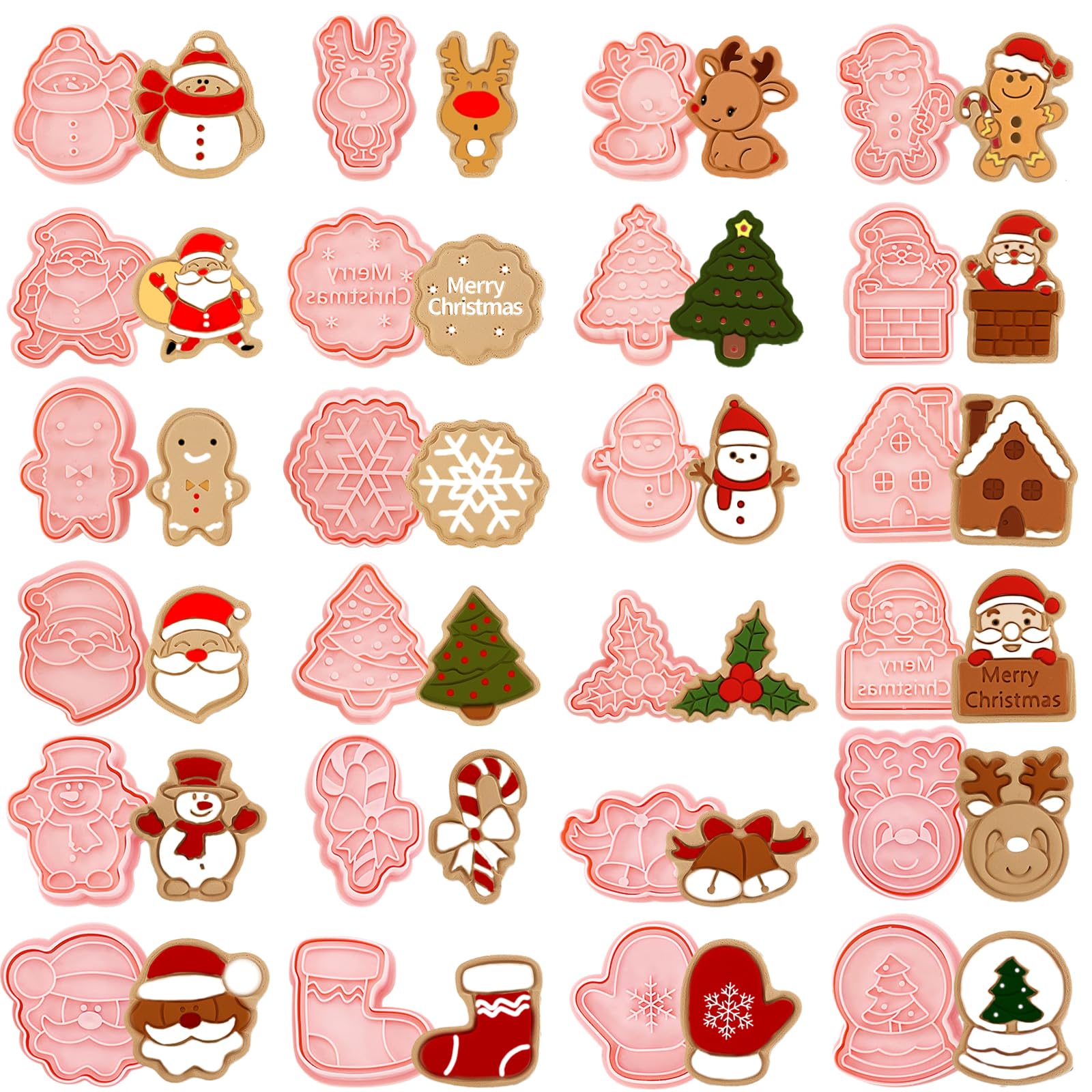 24 Pieces Christmas Cookie Stamps Gingerbread Cookie Cutters Xmas Embossing Santa Claus Elk Snowman Shapes 3D Plastic Cookie Mol