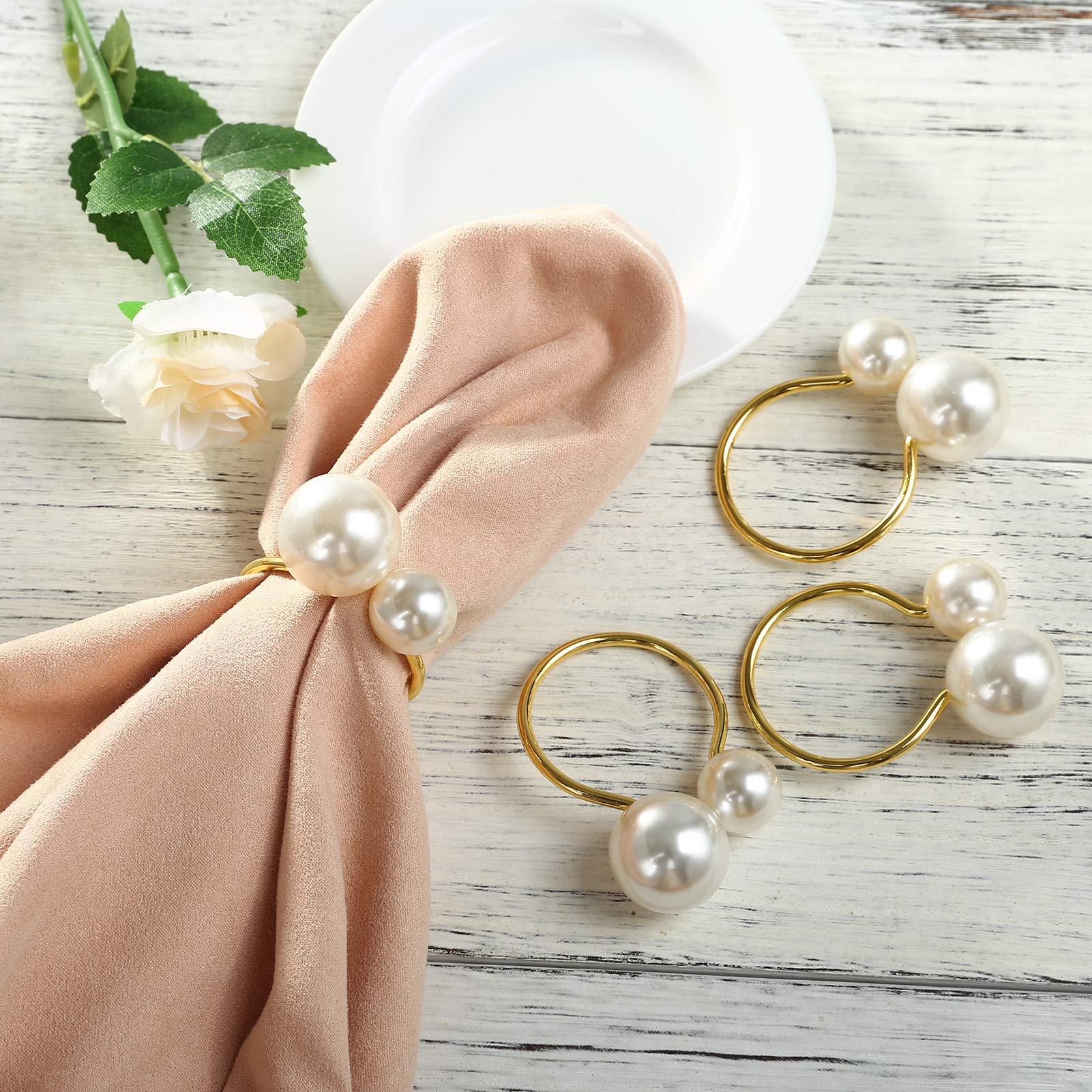 Kesote Pearl Napkin Rings Set Of 6, Gold Napkin Rings Holders For Formal Or Casual Dinning Table Decor