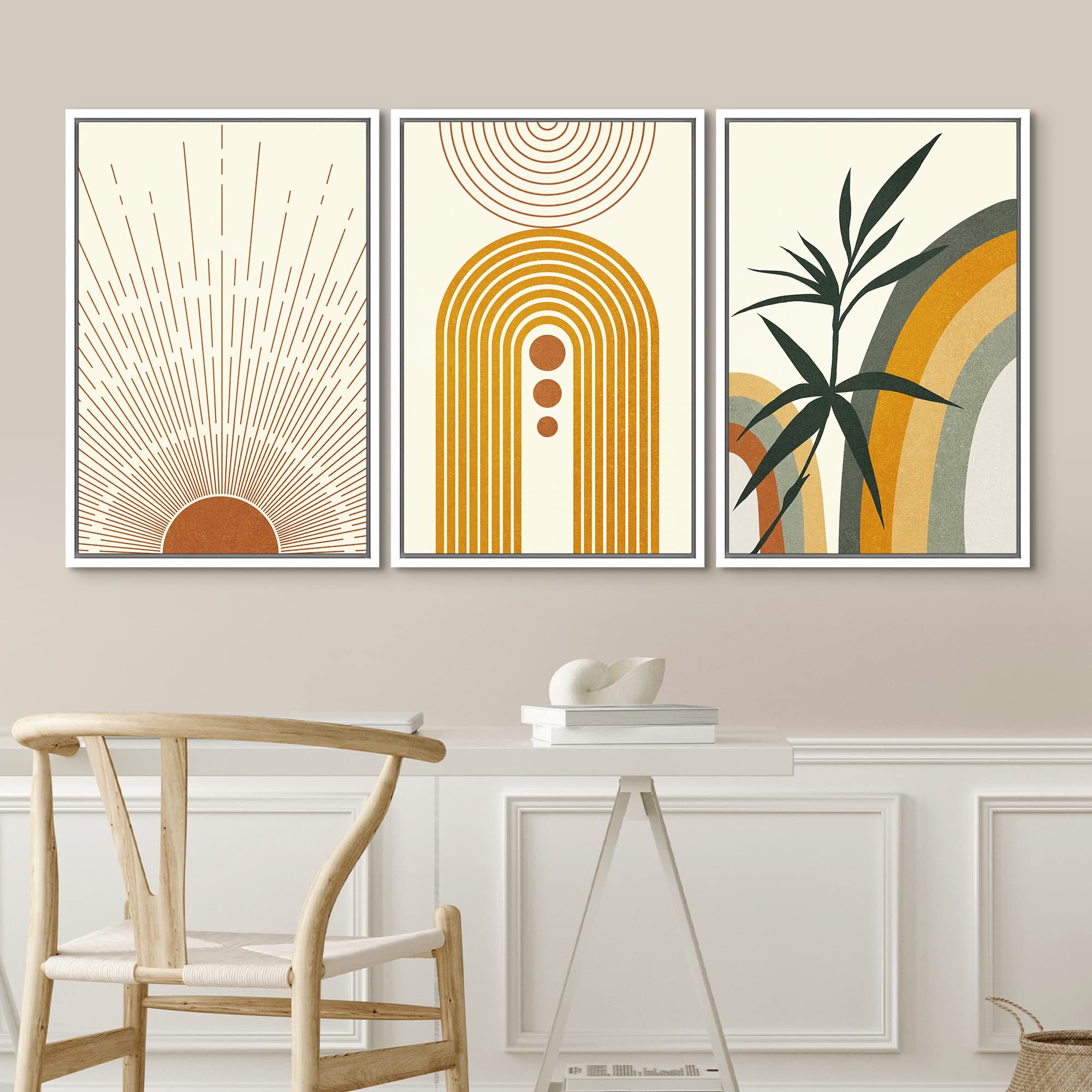 Idea4Wall Framed Canvas Print Wall Art Set Mid-Century Geometric Sun Forest Plant Abstract Nature Illustrations Modern Art Nordi