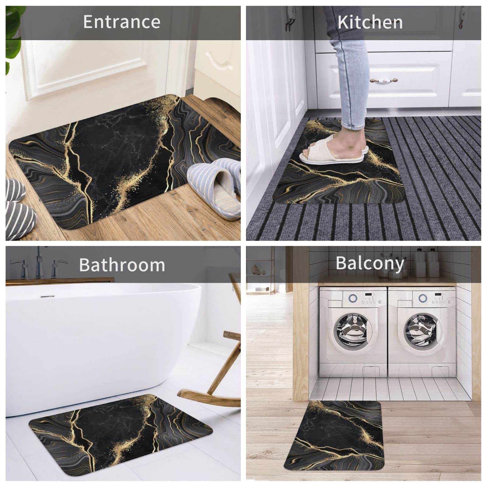 Black And Gold Marble Bath Mats For Bathroom, Soft Absorbent Bath Rug Non-Slip Floor Rug Carpets For Kitchen Bathroom Laundry Be
