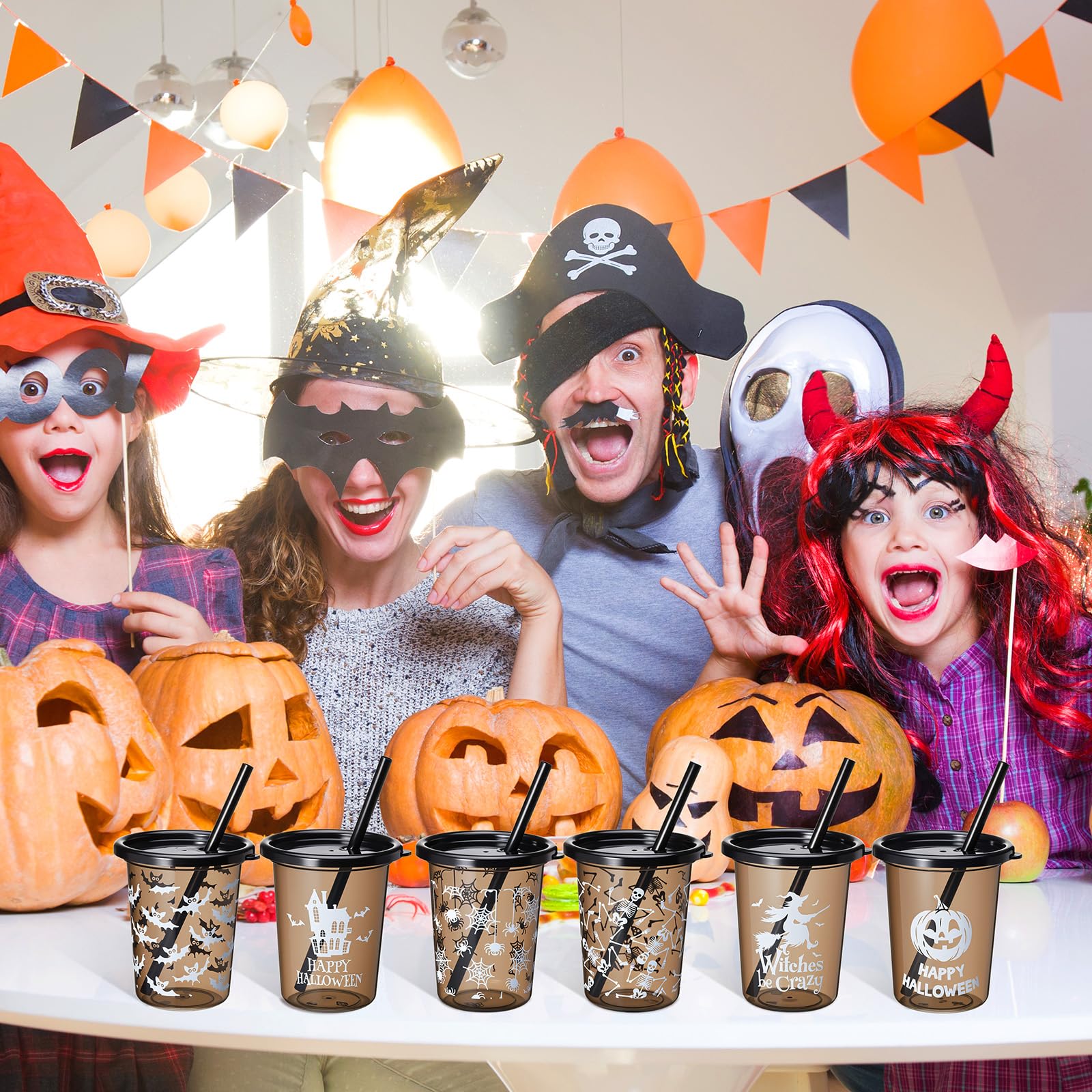 Nuanchu 24 Pcs Halloween Cups for Kids Plastic Tumbler with Lids and Straws 10 Oz Reusable Toddler Cups for Happy Halloween Part