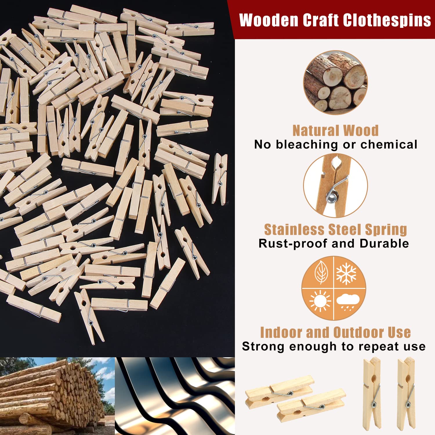 Kimober 1.77Inch Wooden Clothespins,Sturdy Natural Wooden Craft Peg Pins Clips For Photos Pictures Paper Crafts,100Pcs