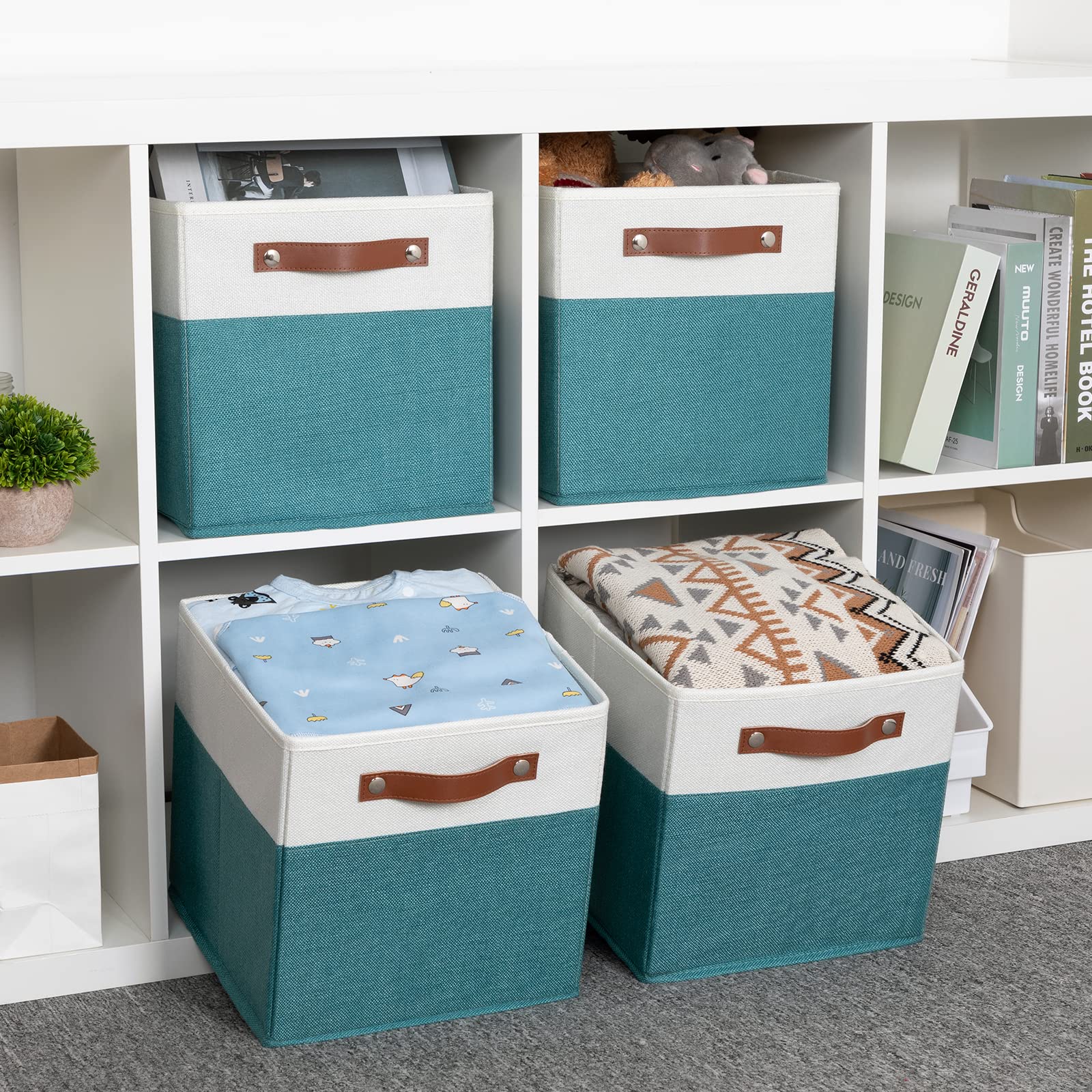HNZIGE Storage Cubes Bins for Organization Set of 4  Fabric Storage Cube 12 x12  Collapsible Storage Bins Basket Cube with Handles  Canvas for Organizing Shelf Home Nursery(Teal White)