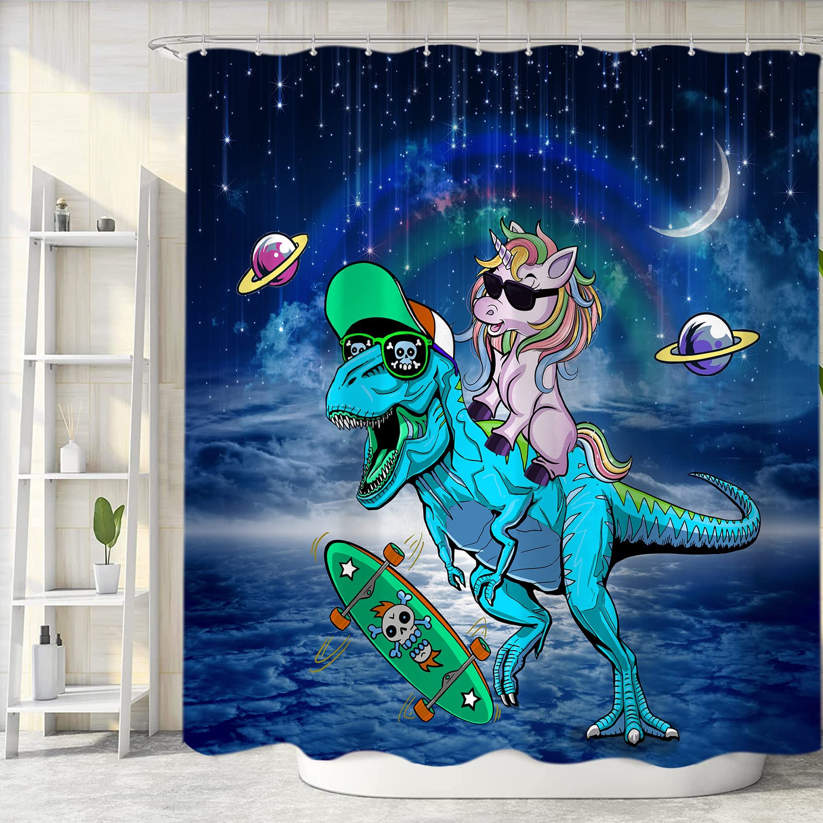 Funny Dinosaur Shower Curtain Set For Kids Bathroom, Cute Unicorn Riding Dinosaur Rainbow Decor Fabric Shower Curtains Sets Gala