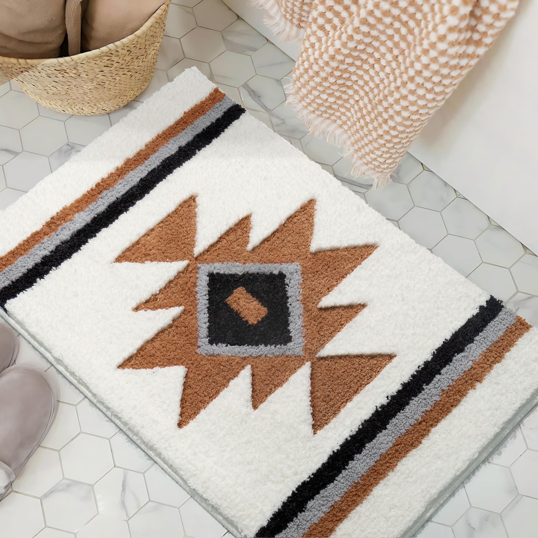 Tanvill Bathroom Rugs White Boho Bath Mat Non Slip, Soft Absorbent Microfiber Washable Aztec Bath Rug Floor Mat For Bathroom Sho
