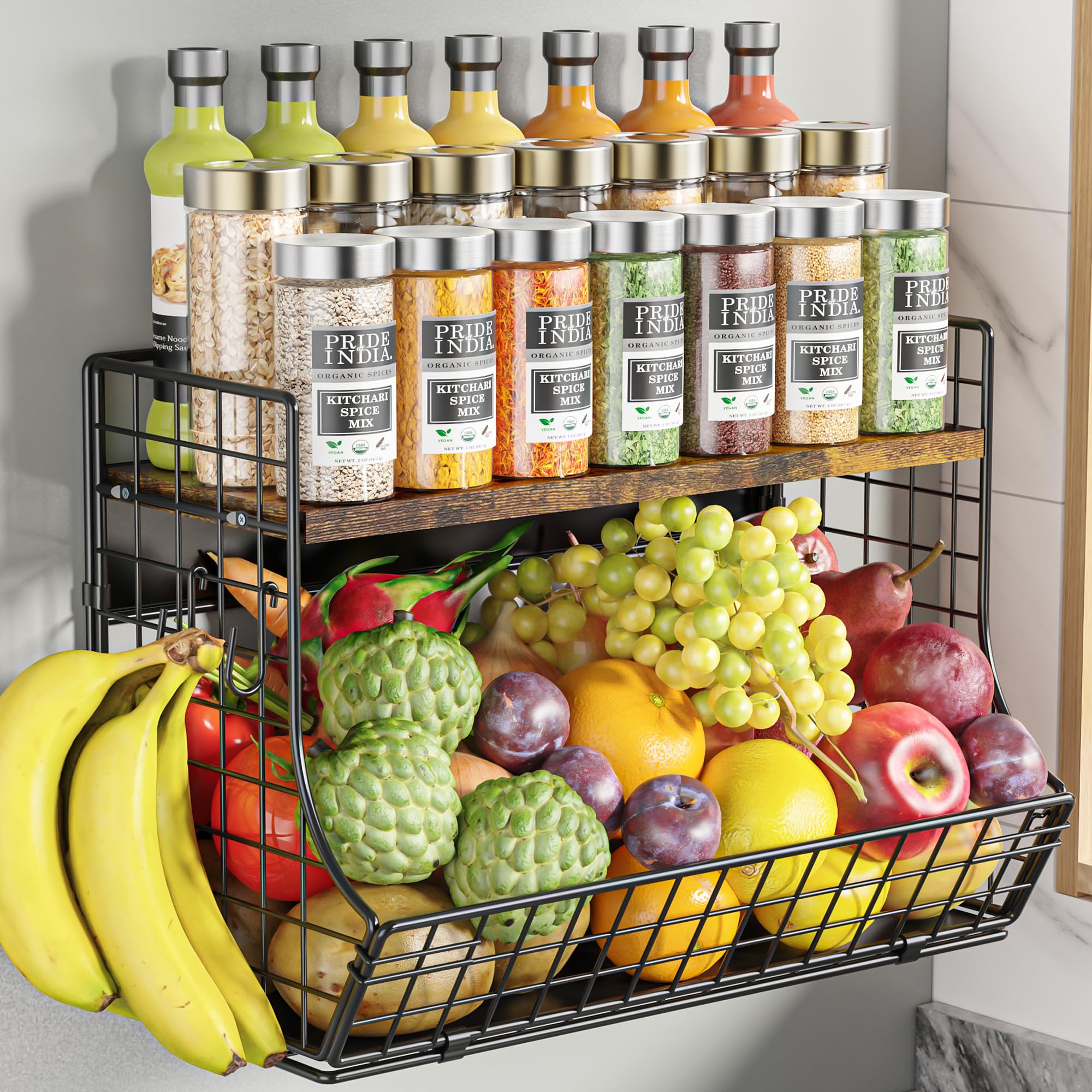 Magnetic Shelf for Fridge with Wood Lid, Fruit Potato and Onion Storage Bins, Pantry Organizers and Storage, Strong Magnetic Spi