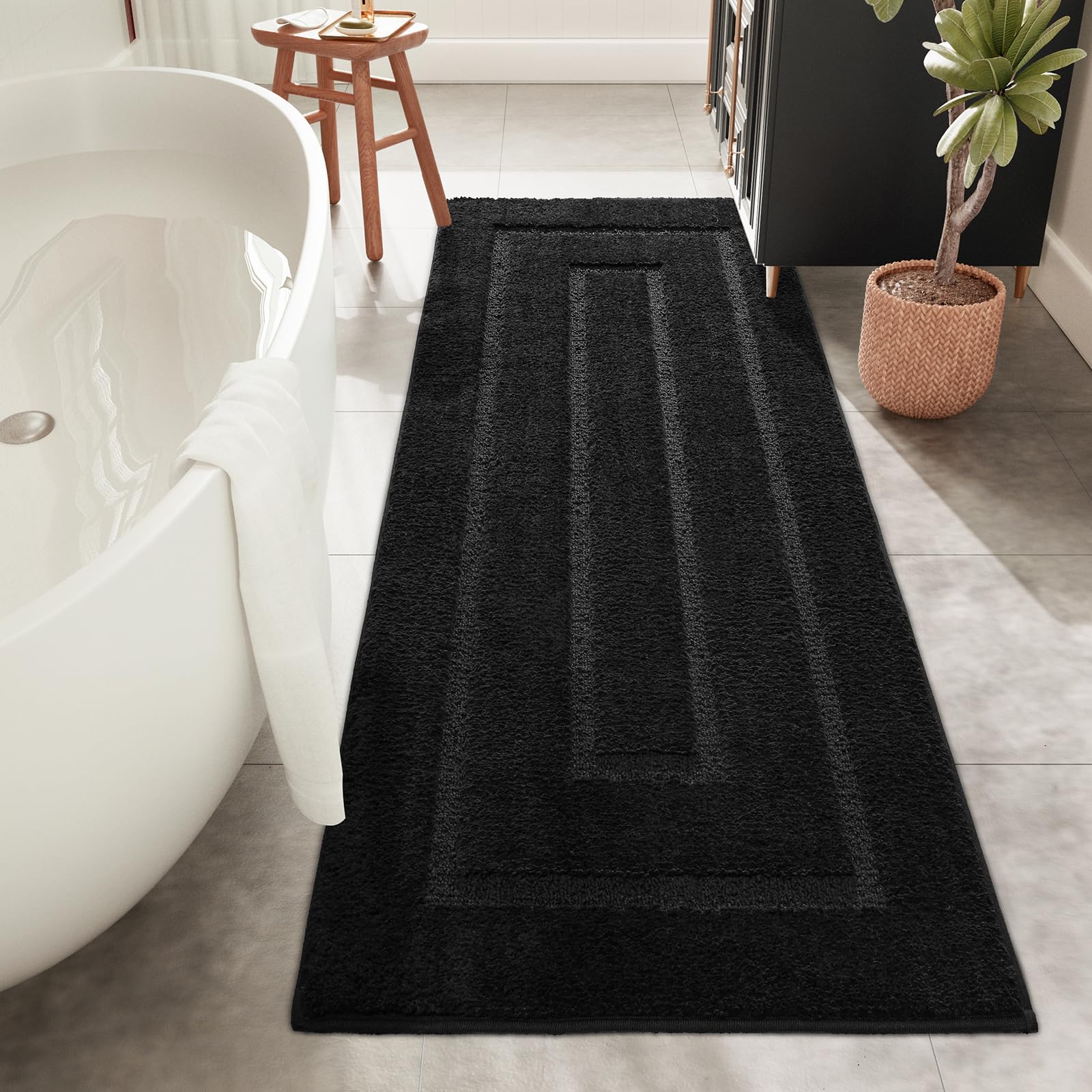 Homore Bathroom Runner Rugs 24 X 70 Non Slip Washable Long Bathroom Rug, Black Rugs For Bathroom Absorbent Bathroom Rug Runner W