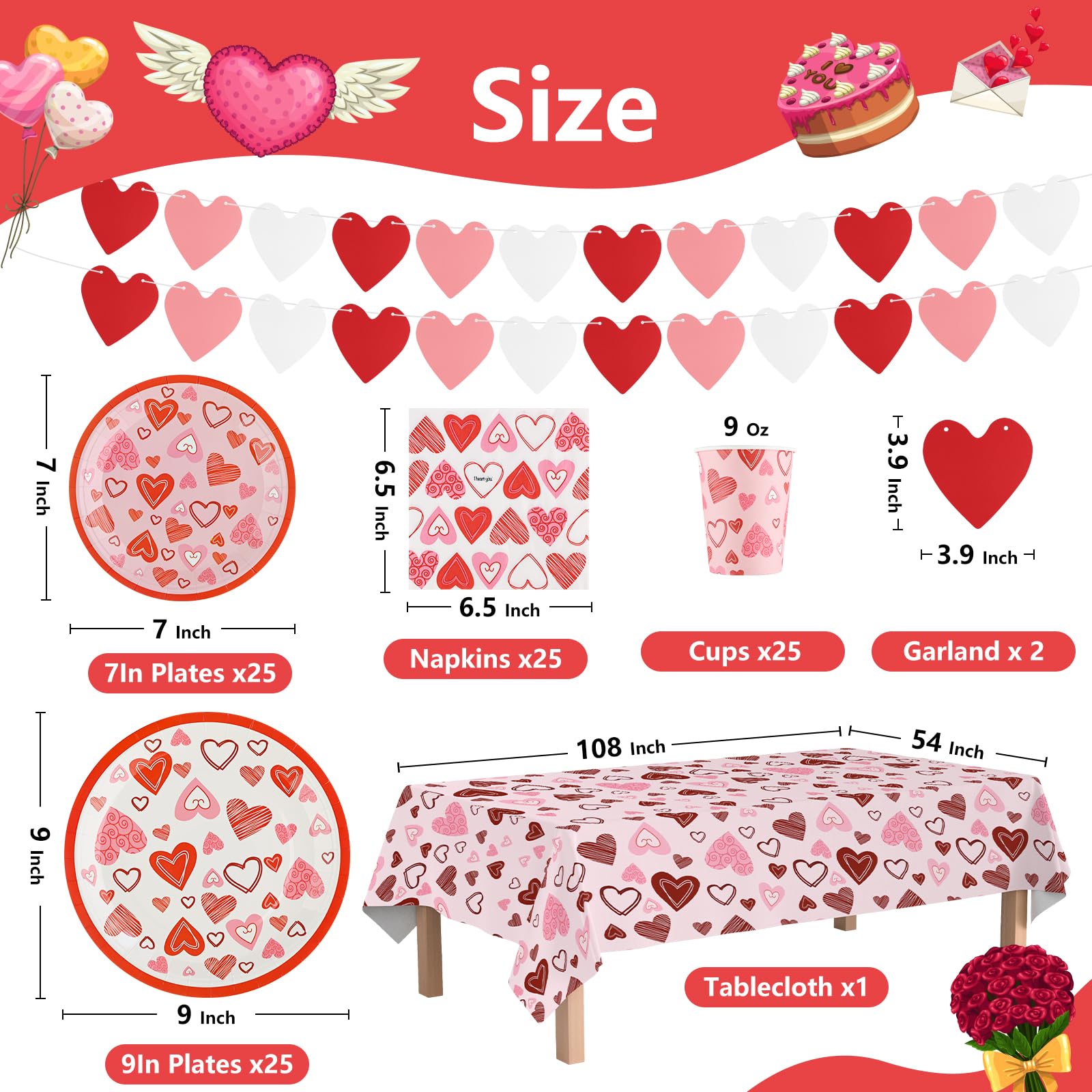 Arosche Valentines Day Decorations Party Supplies Set For 25-Disposable Paper Plates, Napkins, Cups, Tablecloth & Garlands Happy