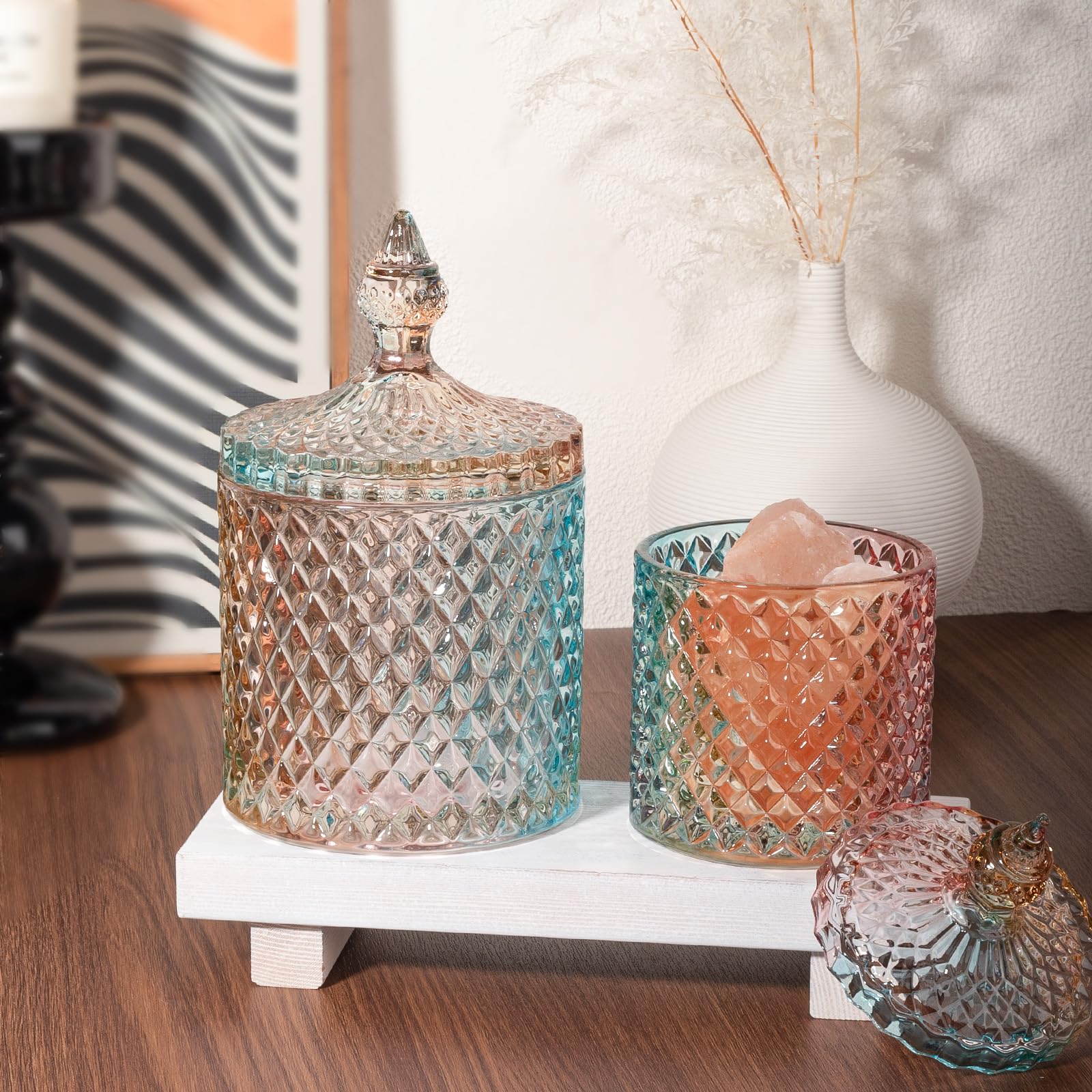 2 Pack Qtip Holder Glass Bathroom Accessories Vanity Organizers And Makeup Storage For Cotton Swabs, Small And Large Rainbow