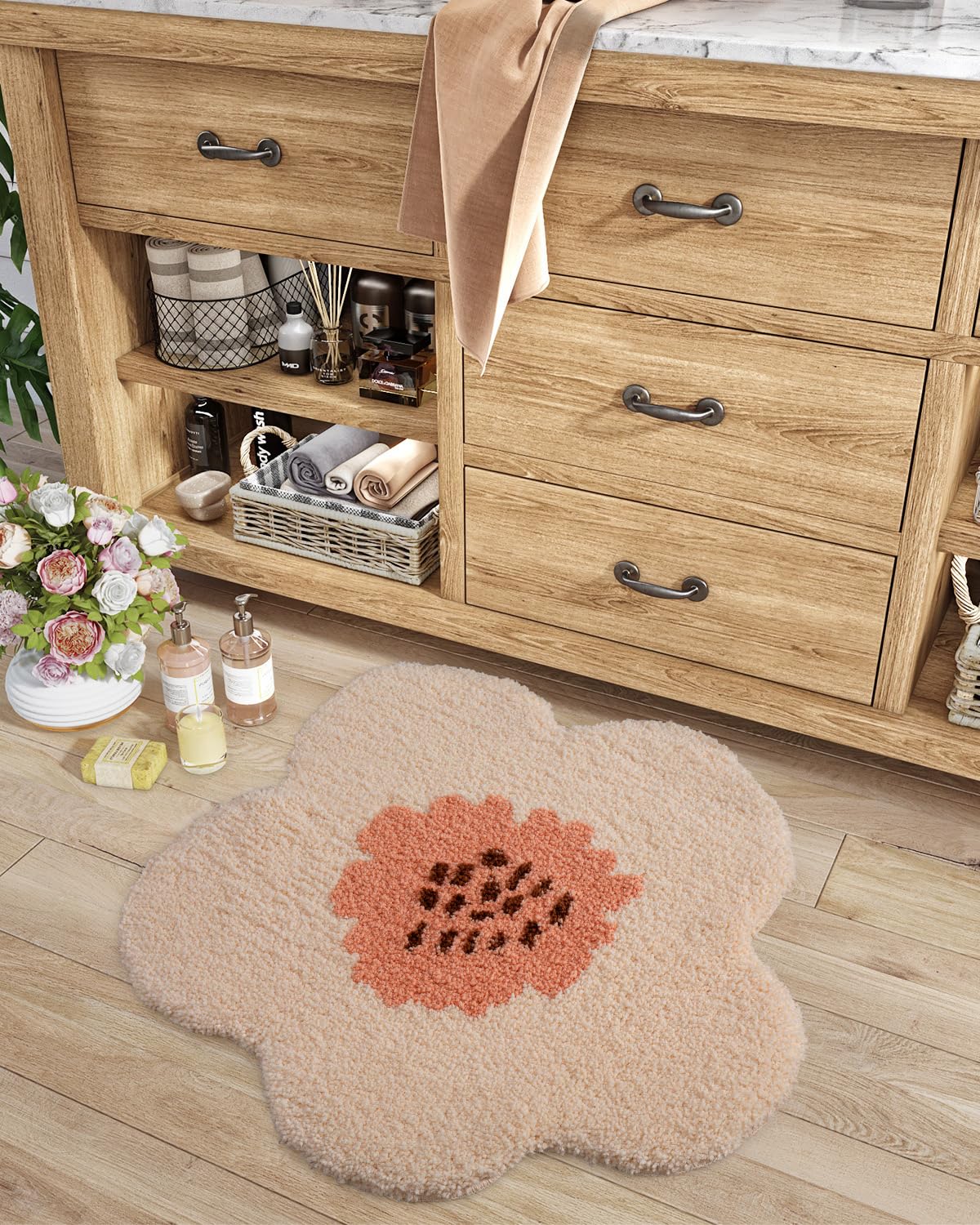 Lumi Cute Bath Mat, Pink Flower Rug, Soft Plush Fluffy Red Bath Mat, Absorbent, Non-Slip For Bathroom, Kitchen Sink, Bedroom, Ki
