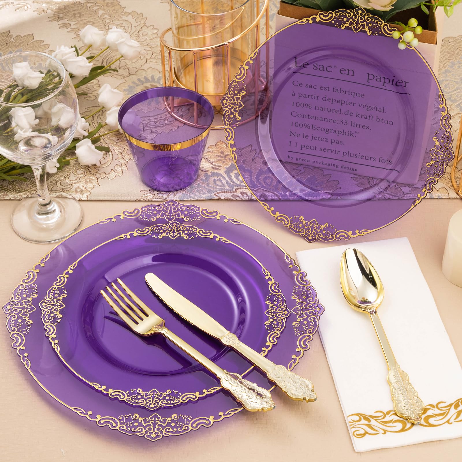 Bestluck 175Pcs Clear Purple Plastic Plates For 25 Guests, Disposable Plates With Gold Trim Include 25 Dinner Plates, 25 Dessert