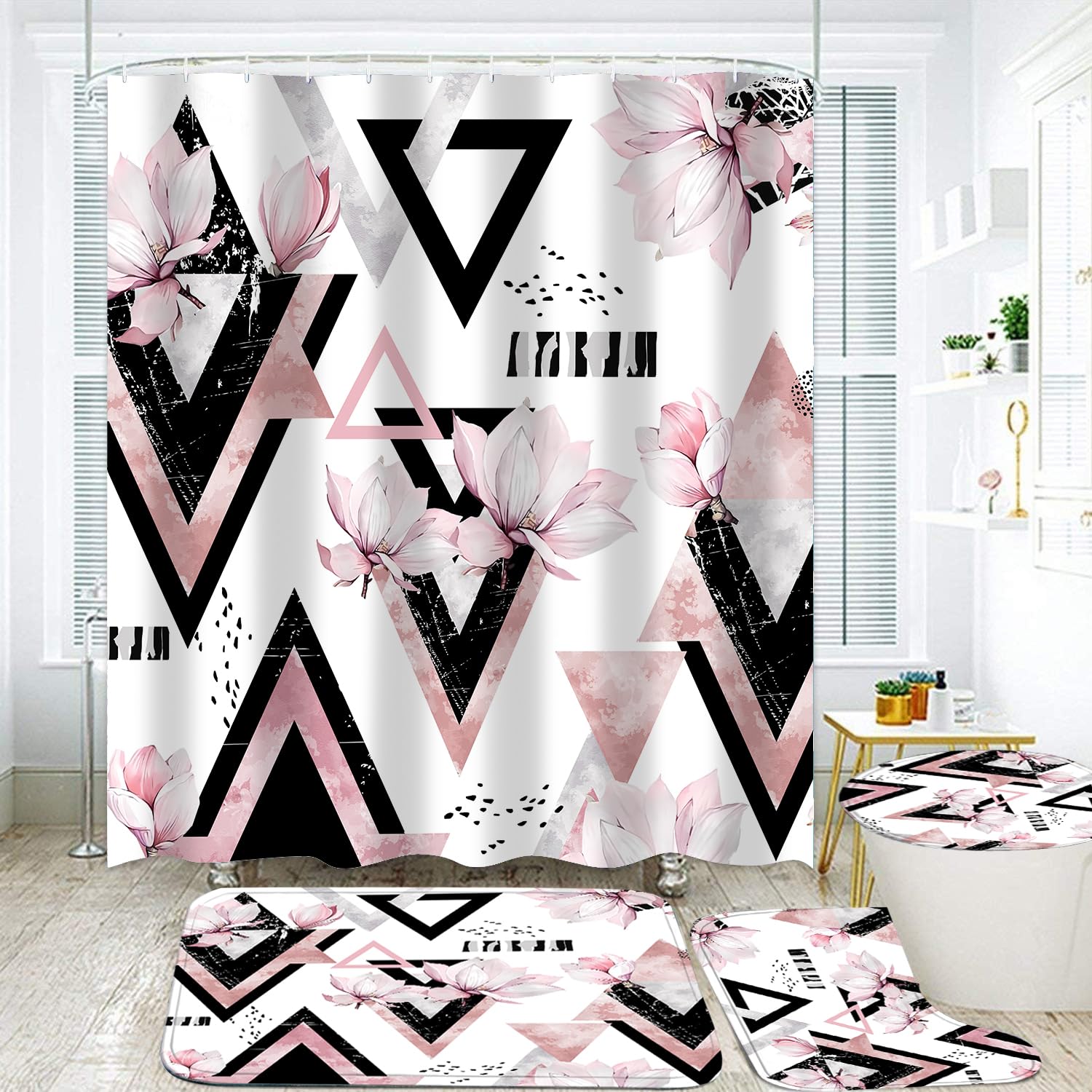 Xswpl Shower Curtain Set With Rugs 4Pcs Pink Bathroom Sets With Shower Curtain And Rugs Modern Geometric Bathroom Sets Waterproo