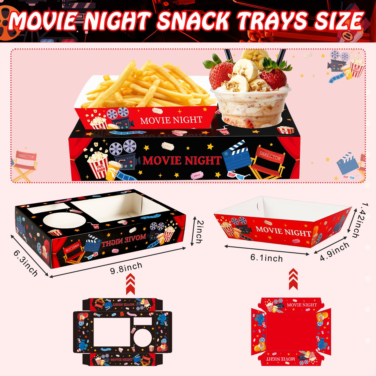 Jansun 36Pcs Movie Night Snack Trays Candy Popcorn French Fries Snack Trays Disposable Movie Boxes for Snacks Tray Outdoor Movie