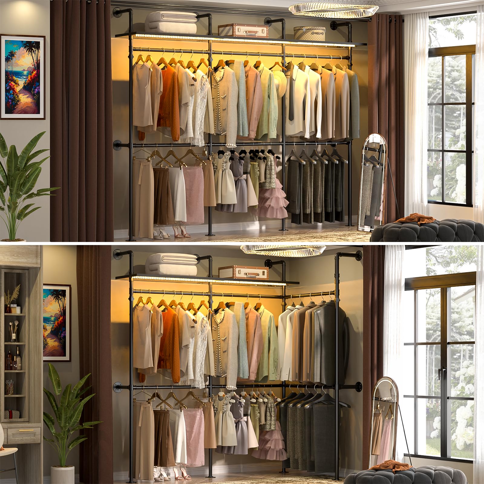 Aheaplus Industrial Pipe Clothing Rack, Reversible 118.3'' Clothes Rack For Hanging Clothes, Heavy Duty Garment Rack Closet Ward