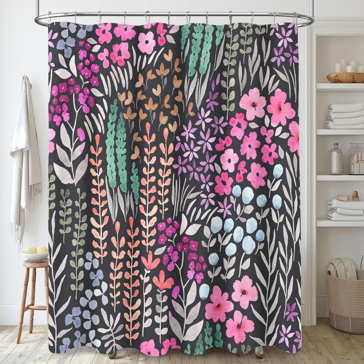 Mayzus Extra Long Shower Curtain 72 X 96 Inch, Floor To Ceiling X-Long Tall Cute Floral Shower Curtain For Bathroom, Black Hot P