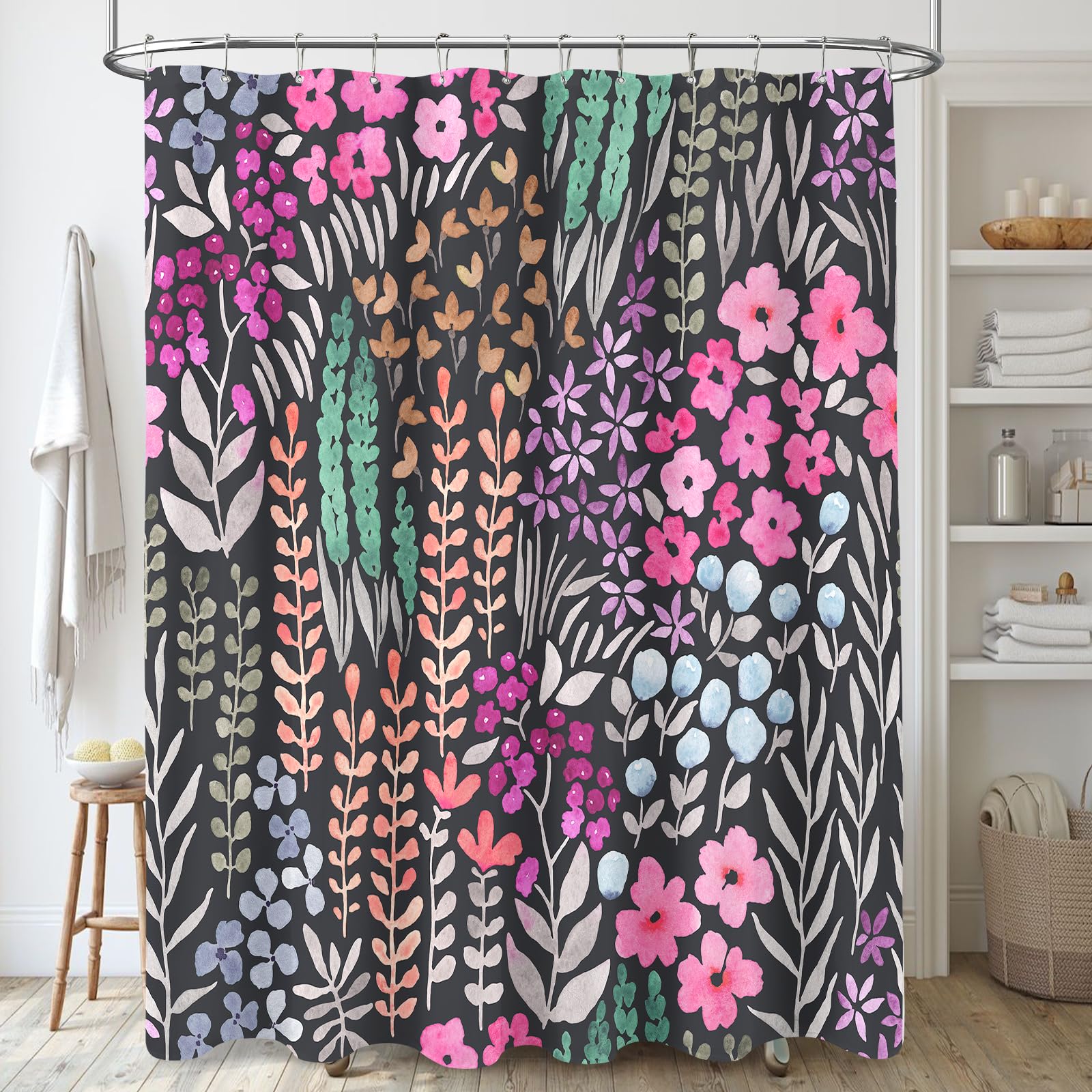 Mayzus Black Floral Shower Curtain, Hot Pink Boho Flower Fabric Shower Curtain, Cute Funky Watercolor Wildflower Shower Curtain