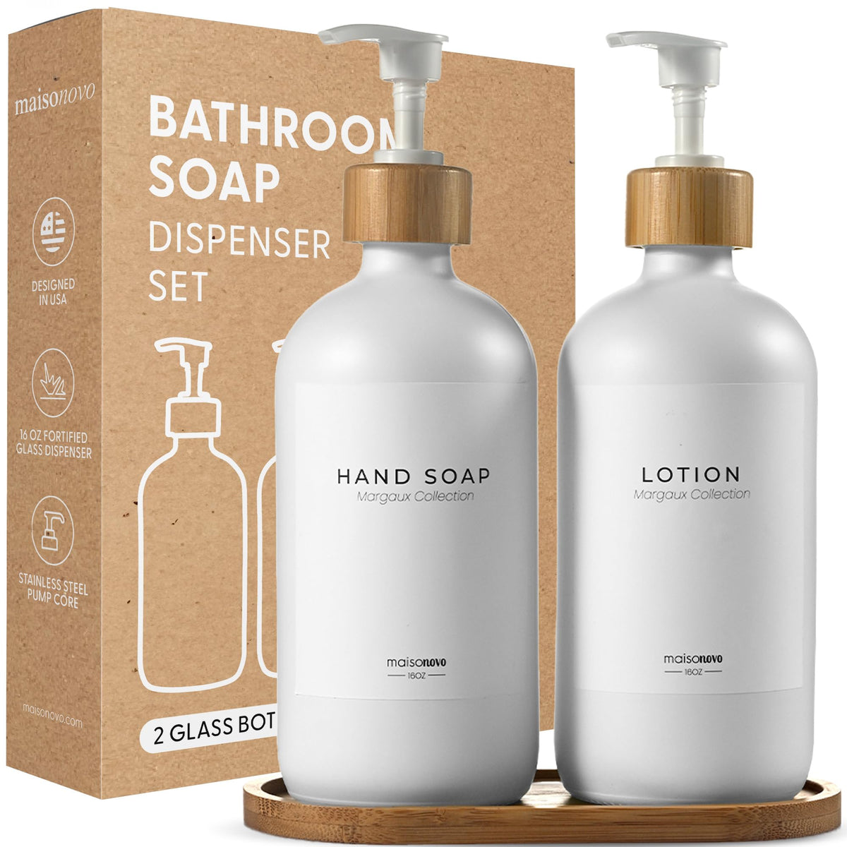 Maisonovo Kitchen Soap Dispenser Set - Glass Soap Dispenser With Pump - White Bamboo White Pump 16.9 Fl Oz - Bathroom Soap Dispe