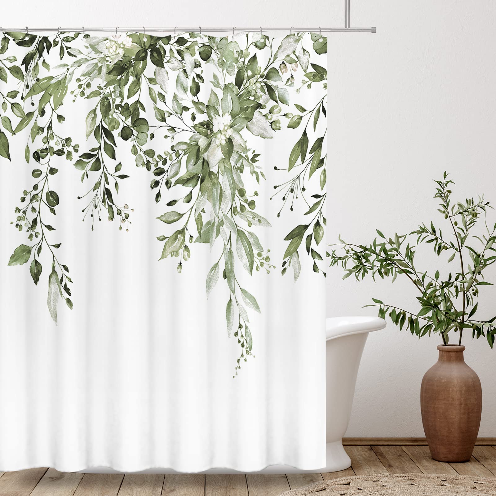 Tititex Olive Green Eucalyptus Shower Curtain Sets, Watercolor Leaves On The Top Plant With Floral Bathroom Decoration 72X78 Inc
