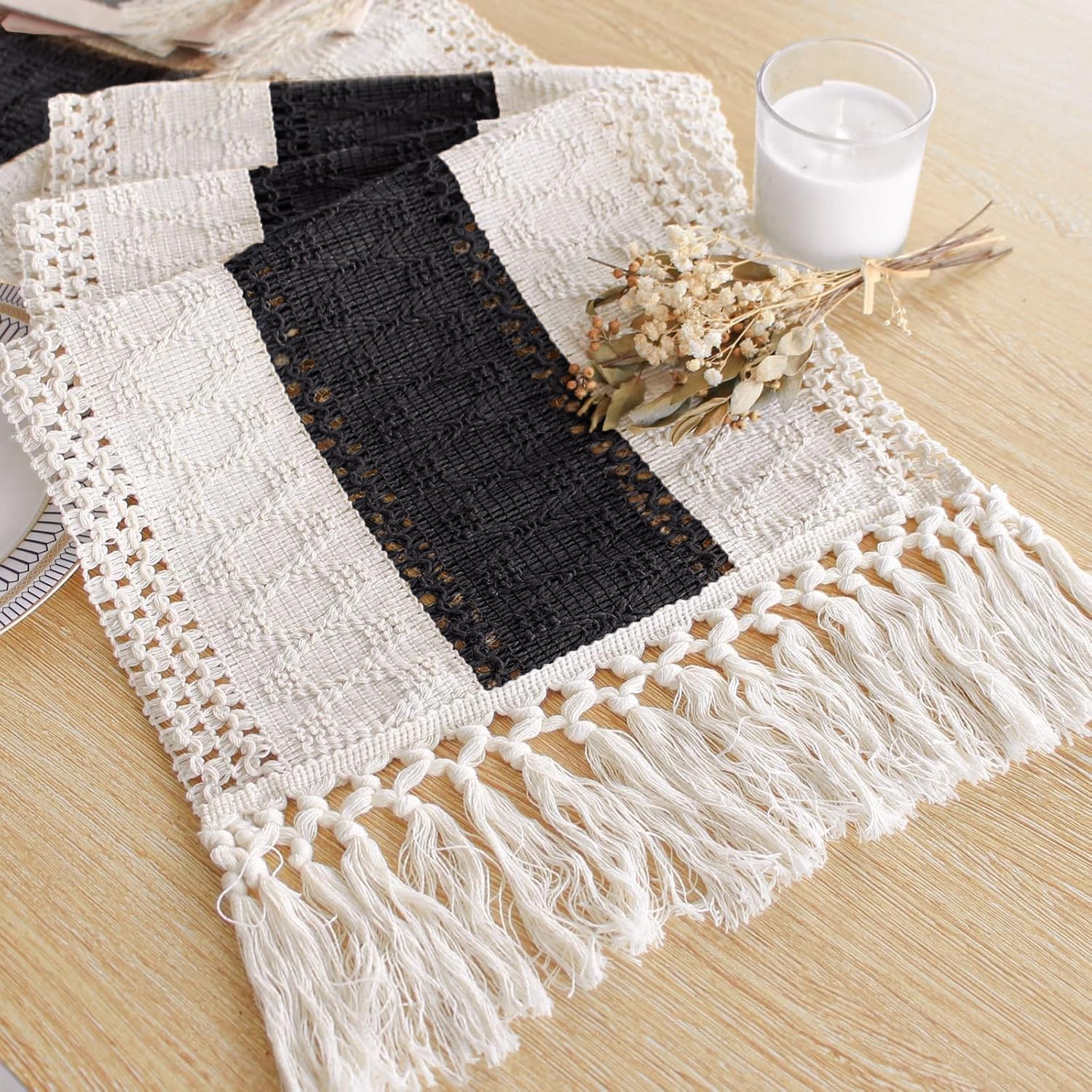 FEXIA Boho Table Runner for Christmas Home Decor with Tassels 72 Inches Long Farmhouse Rustic Black Halloween Table Runner Macra