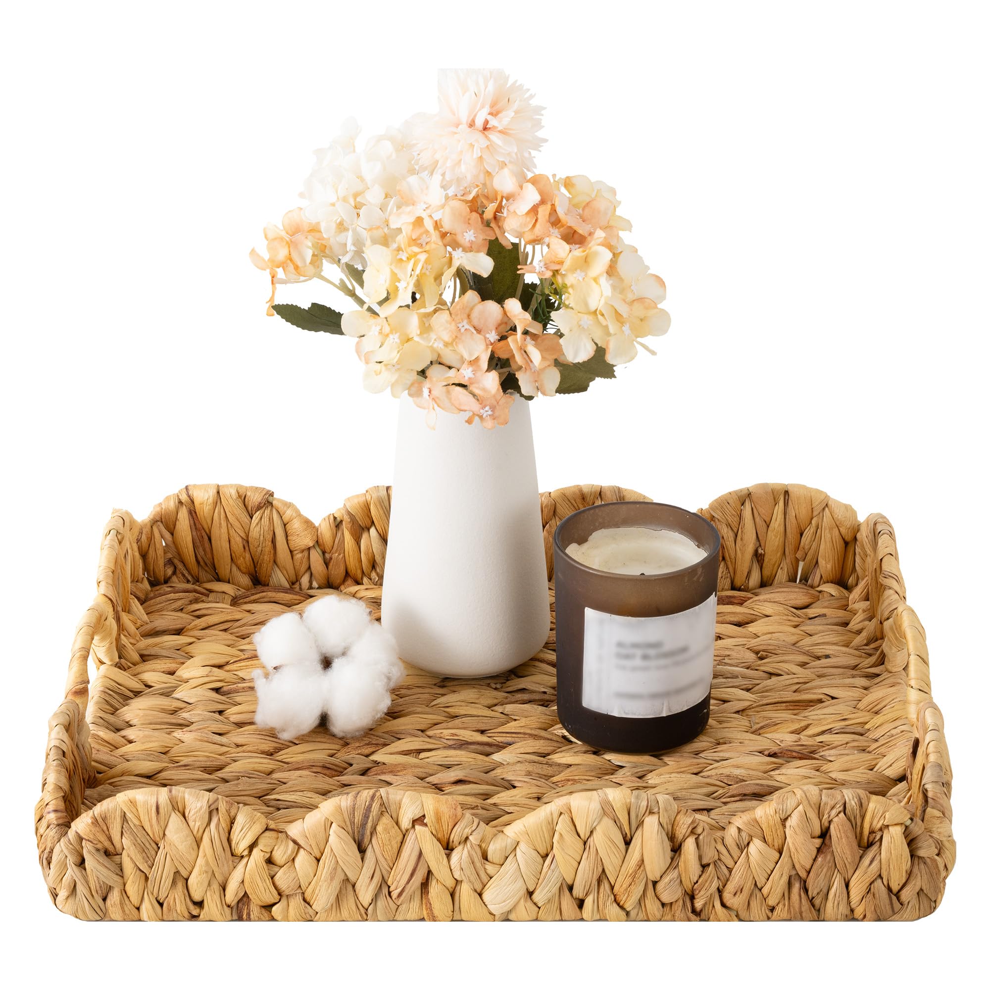 StorageWorks Rectangle Wicker Scalloped Tray, Rattan Serving Trays with Handles, Water Hyacinth Basket for Decorative & Organizi