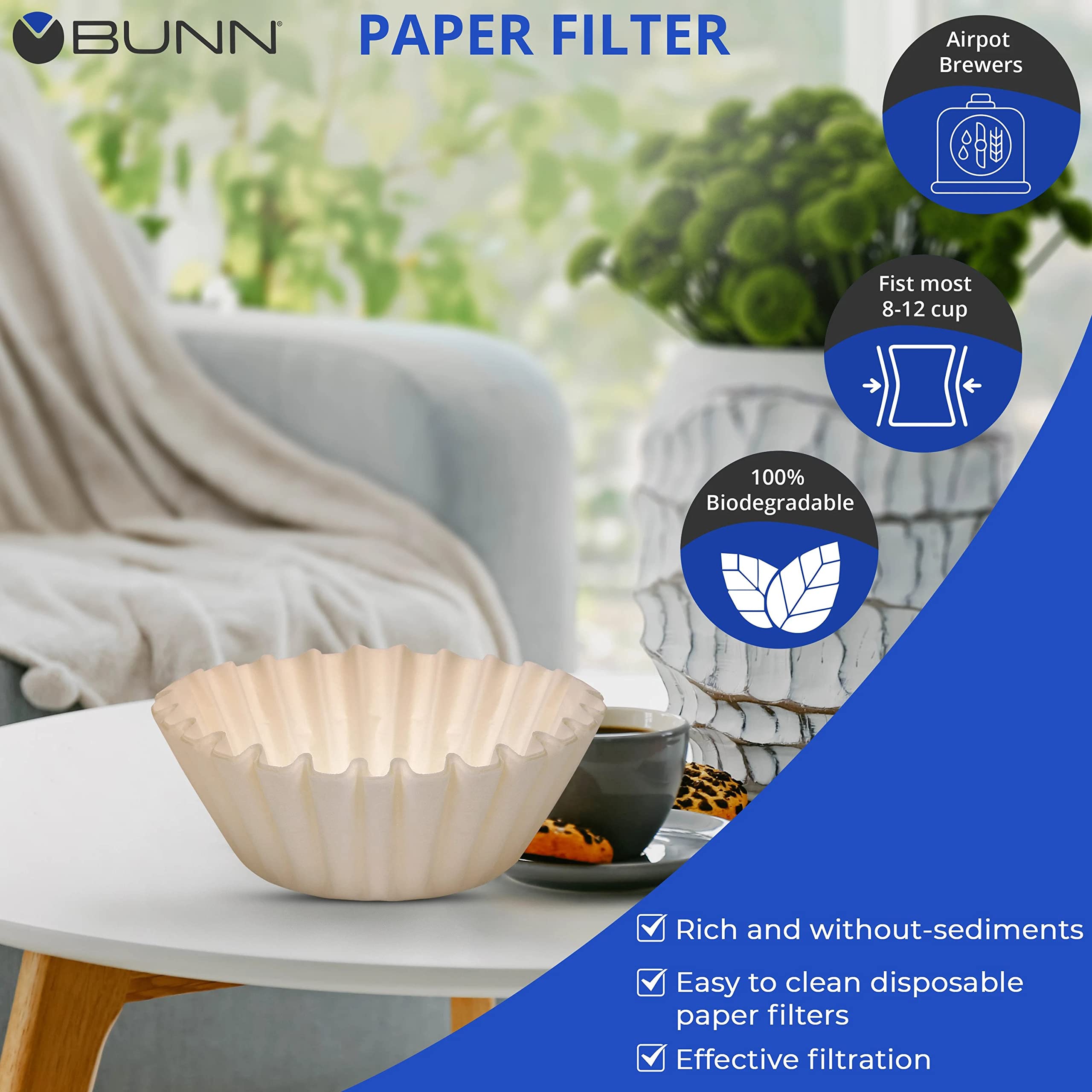 Bun Coffee Filter - 4 Pk - 100 Pcs Per Pack - Taller - Flat Bottom Liner - Quality Paper For Most Coffee Makers - Aromatic Brew