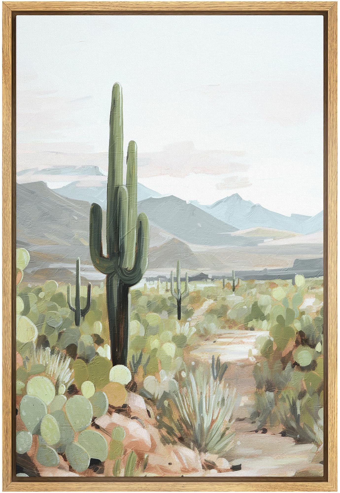 Signford Framed Canvas Print Wall Art Serene Desert Landscape With Tall Cactus Nature Wilderness Illustrations Modern Art Decora