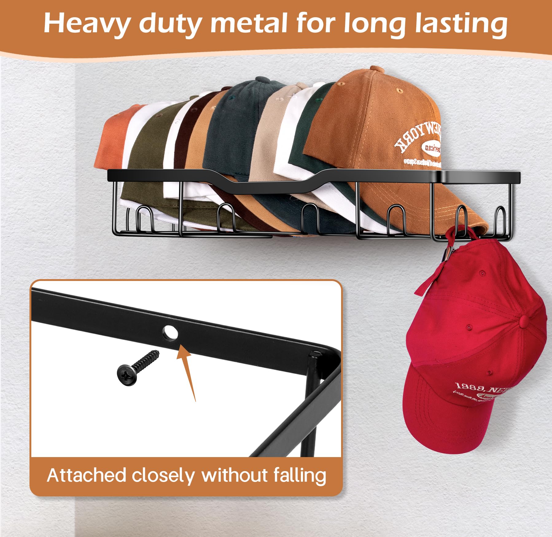 KEETDY Metal Baseball Cap Rack Organizer - Wall Mounted, Sturdy, Holds 20 Caps, Large, Black, Model B0CKMQK5Y8