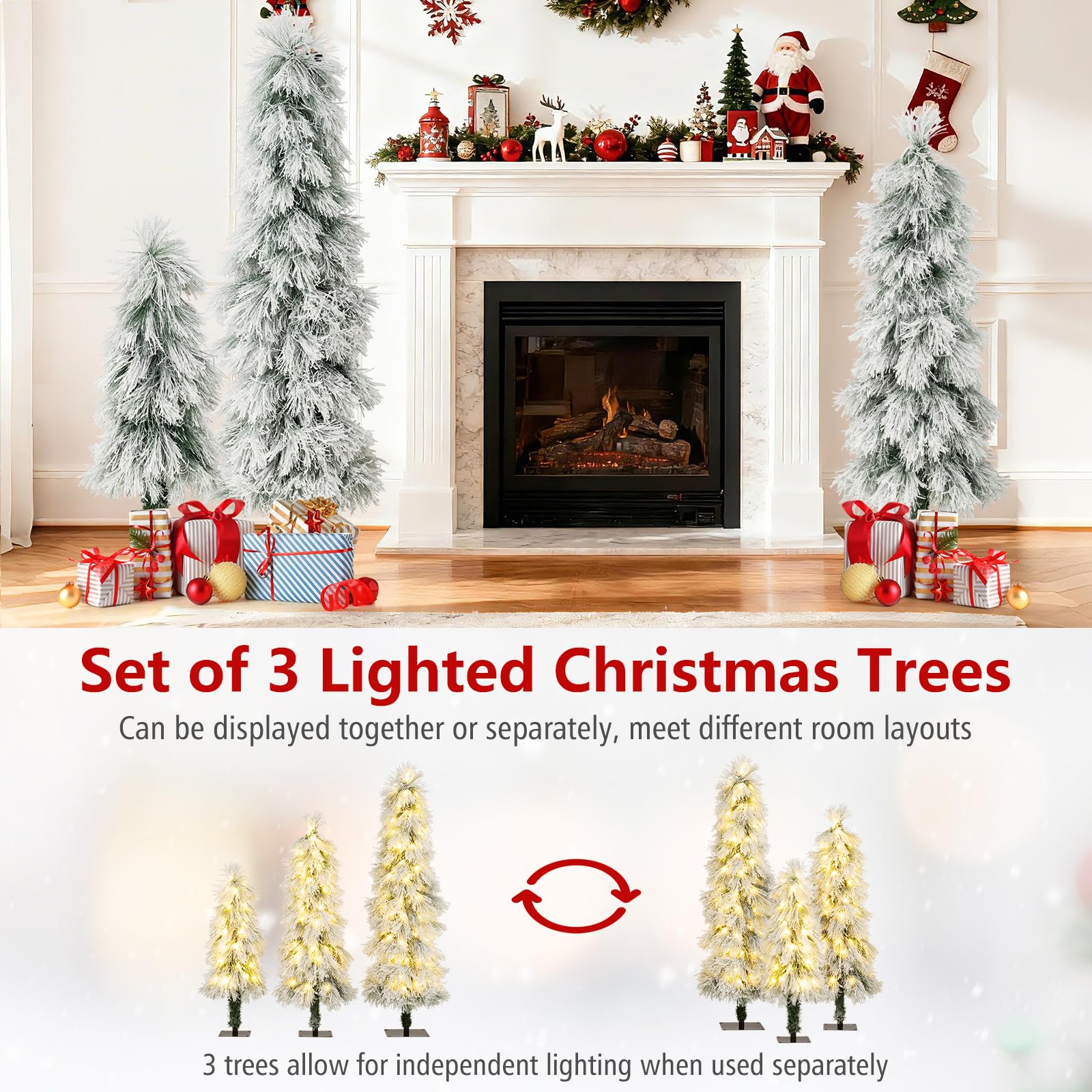Goplus 3 4 5 Pre-Lit Snow Flocked Christmas Tree Set of 3, Slim Pencil Artificial Xmas Trees with 150 Warm White LED Lights,