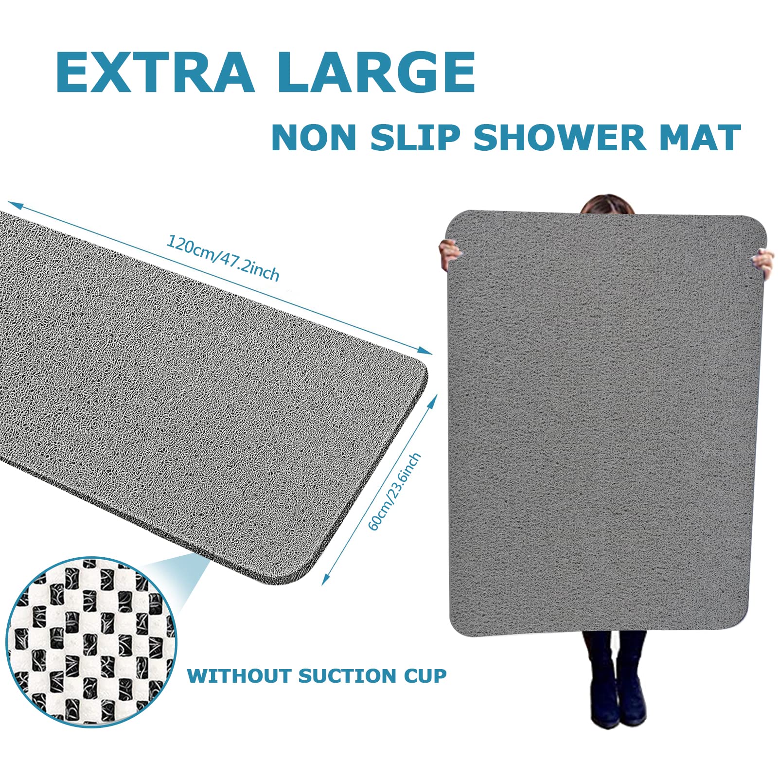 Extra Large Shower Mats Non Slip Without Suction Cups, 23.6  47.2Inch, Bath Mat For Textured Tub Surface, Loofah Mats For Shower