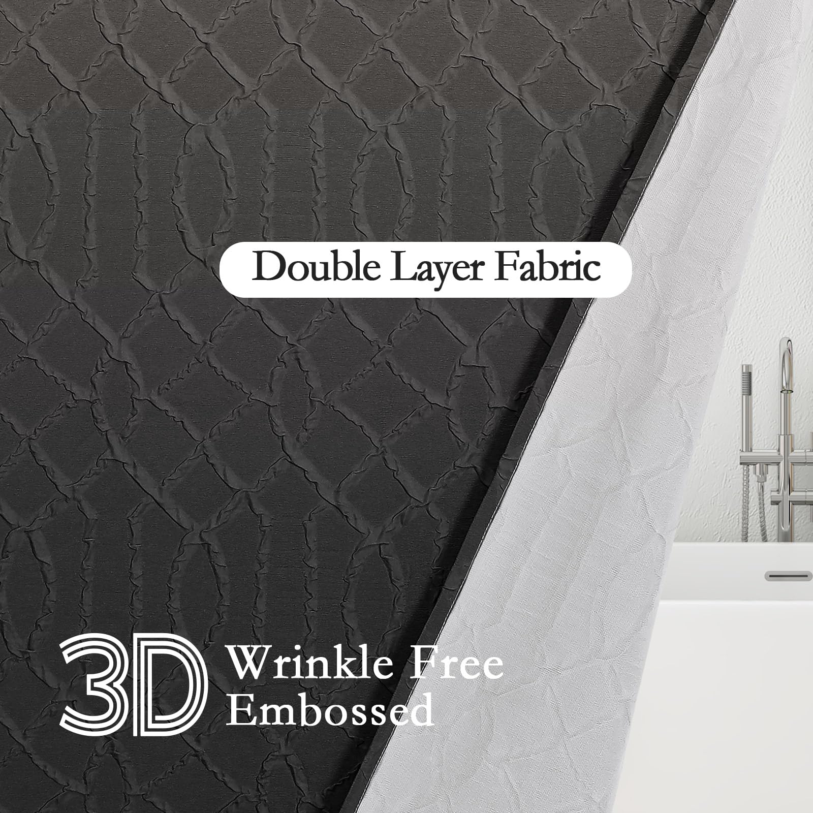 Gibelle Ombre Black Shower Curtain For Bathroom, 3D Embossed Geometric Textured Fabric Shower Curtain Set With Hooks, Modern Far