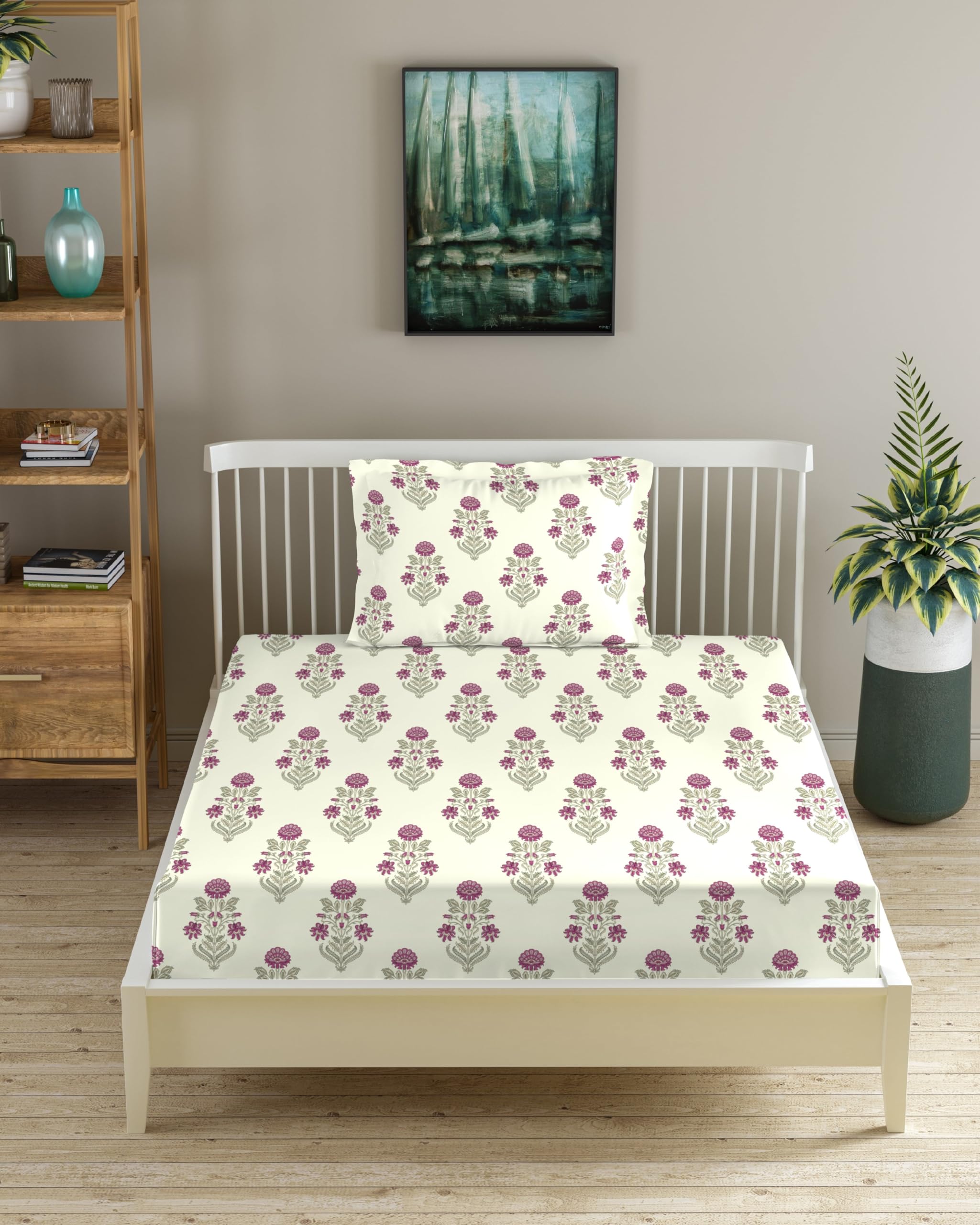 Trance Home Linen 180 Tc 100% Cotton Printed Flat Bedsheet With 1 Pillow Cover | Breathable And Skin Friendly Bedsheet For Singl