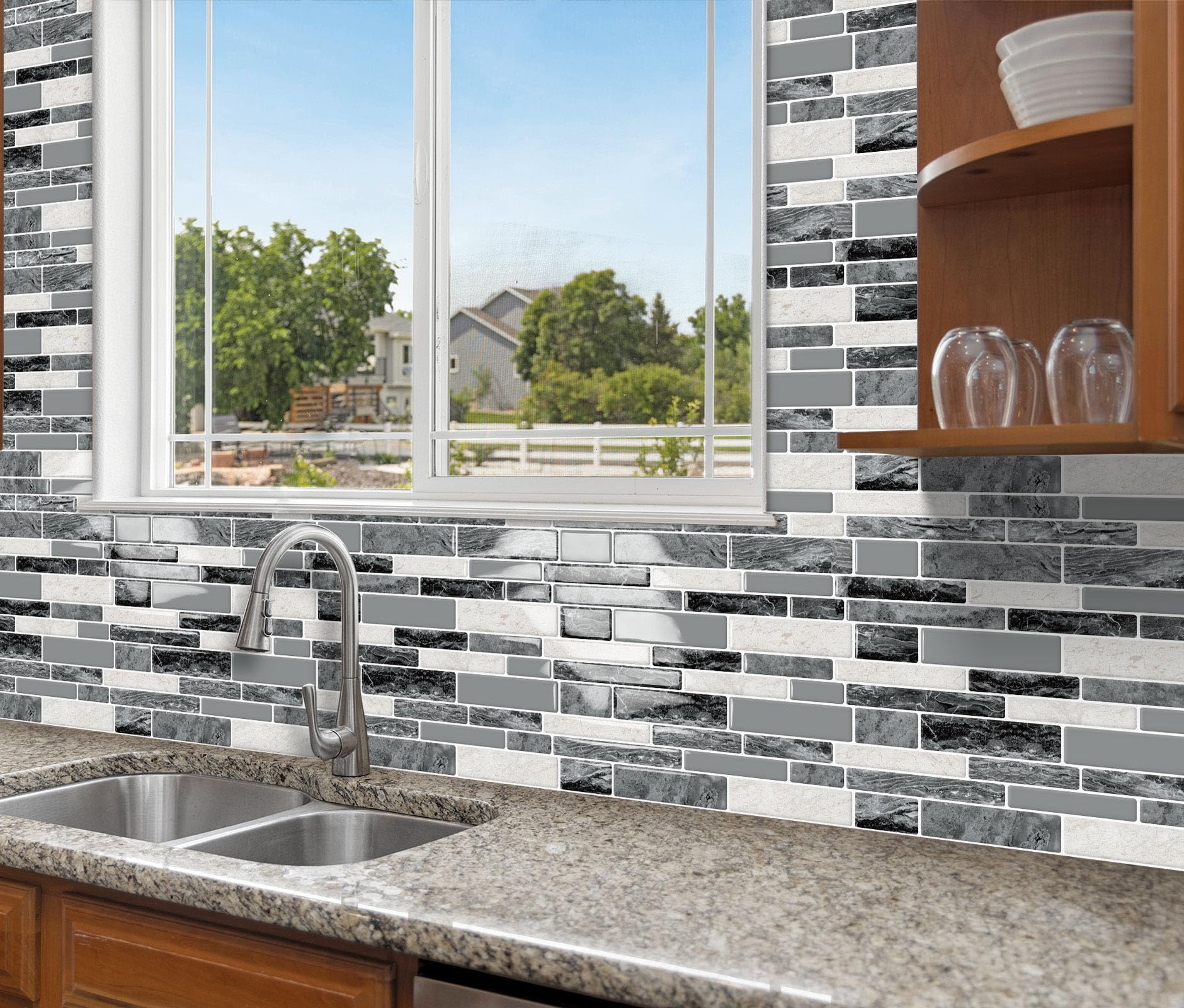 DEWOO Peel and Stick Backsplash 3D Self Adhesive Wall Tiles for Kitchen Bathroom,Marble Gray (10-Sheet, 12  12)