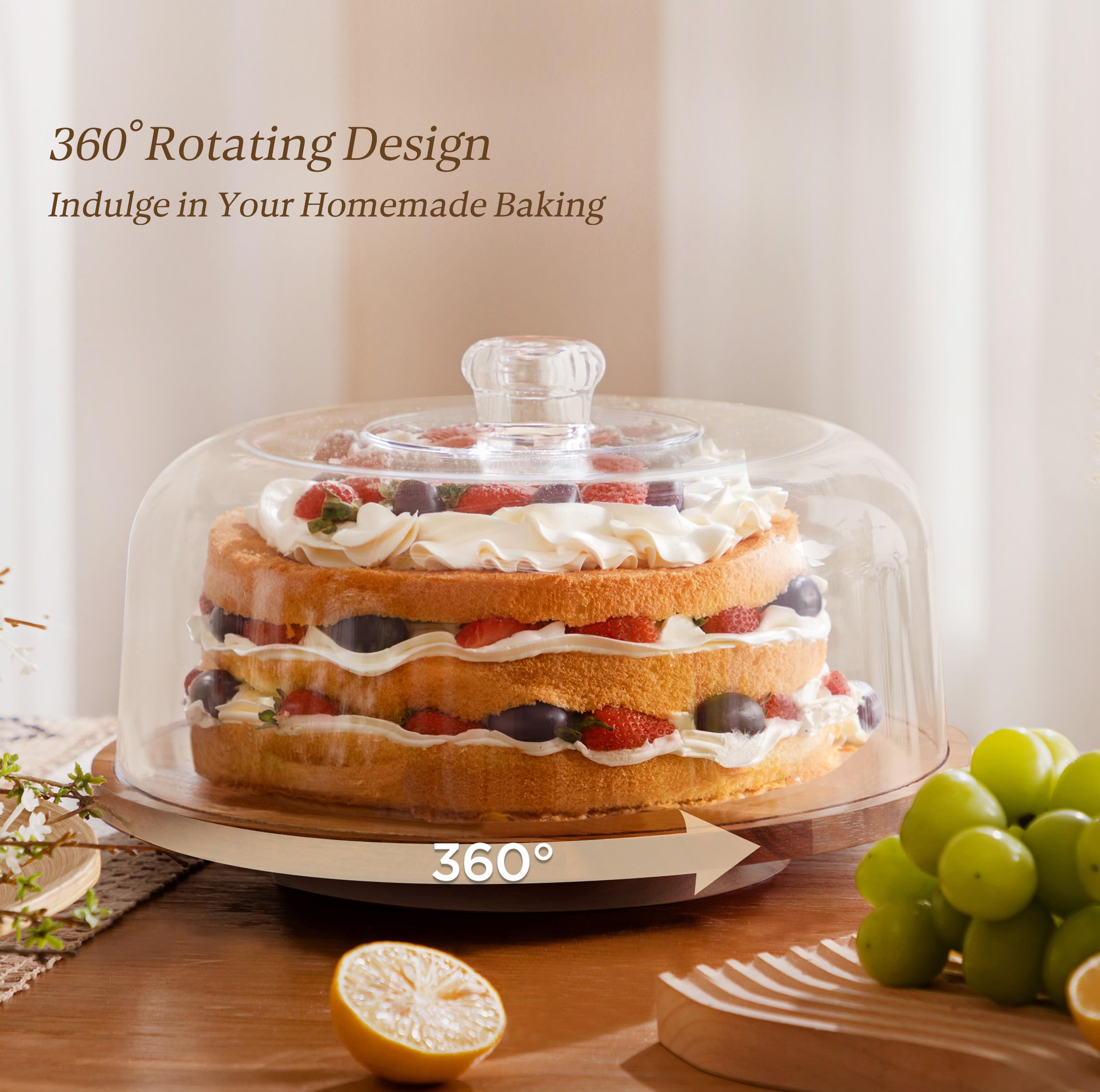 Hblife Cake Stand With Lid Rotating Cake Stand With Acrylic Dome Acacia Wood Cake Plate Display With Cover For Baking Gifts, Bir