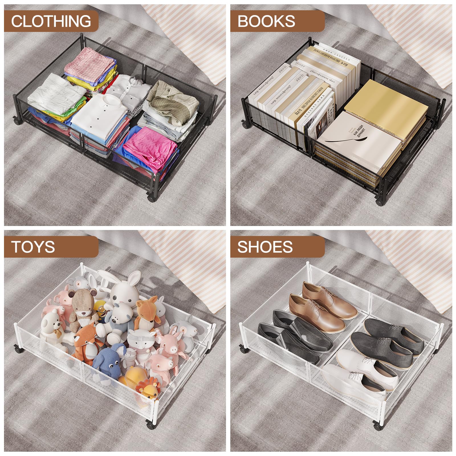 Under Bed Storage with Wheels, Foldable Metal Mesh Underbed Storage Container Bins, Tool-free Assembly Clothes Drawer Organizer,