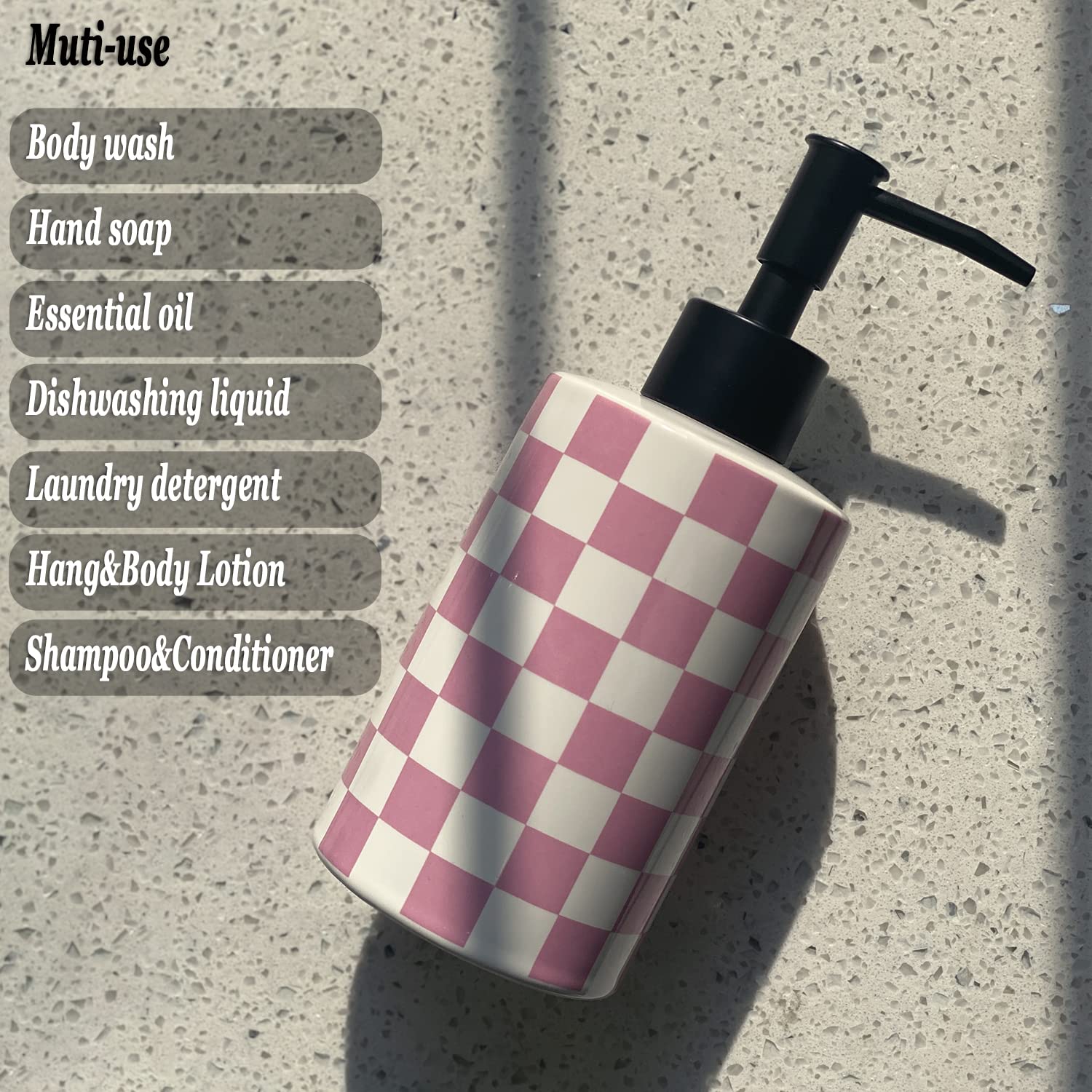 Bathroom Soap Dispenser With Matte Black Pump White Ceramic Soap Dispenser For Kitchen Checkerboard Empty Pump Bottle (Pink)