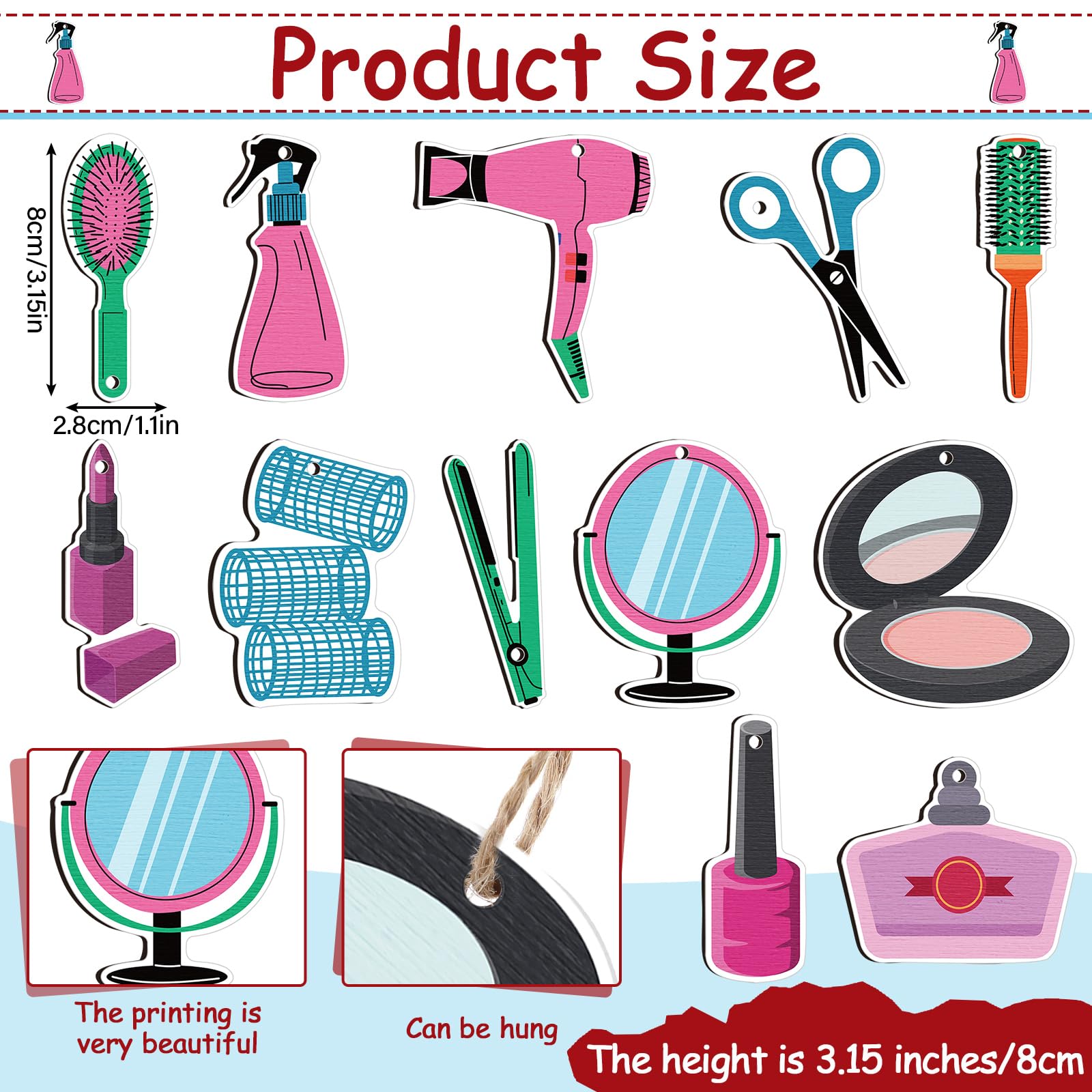 Vercraft 24 Pcs Hairdresser Ornaments Christmas Tree Hair Salon Barber Decorations Hairstylist Gifts Wooden Makeup Hanging Ornam