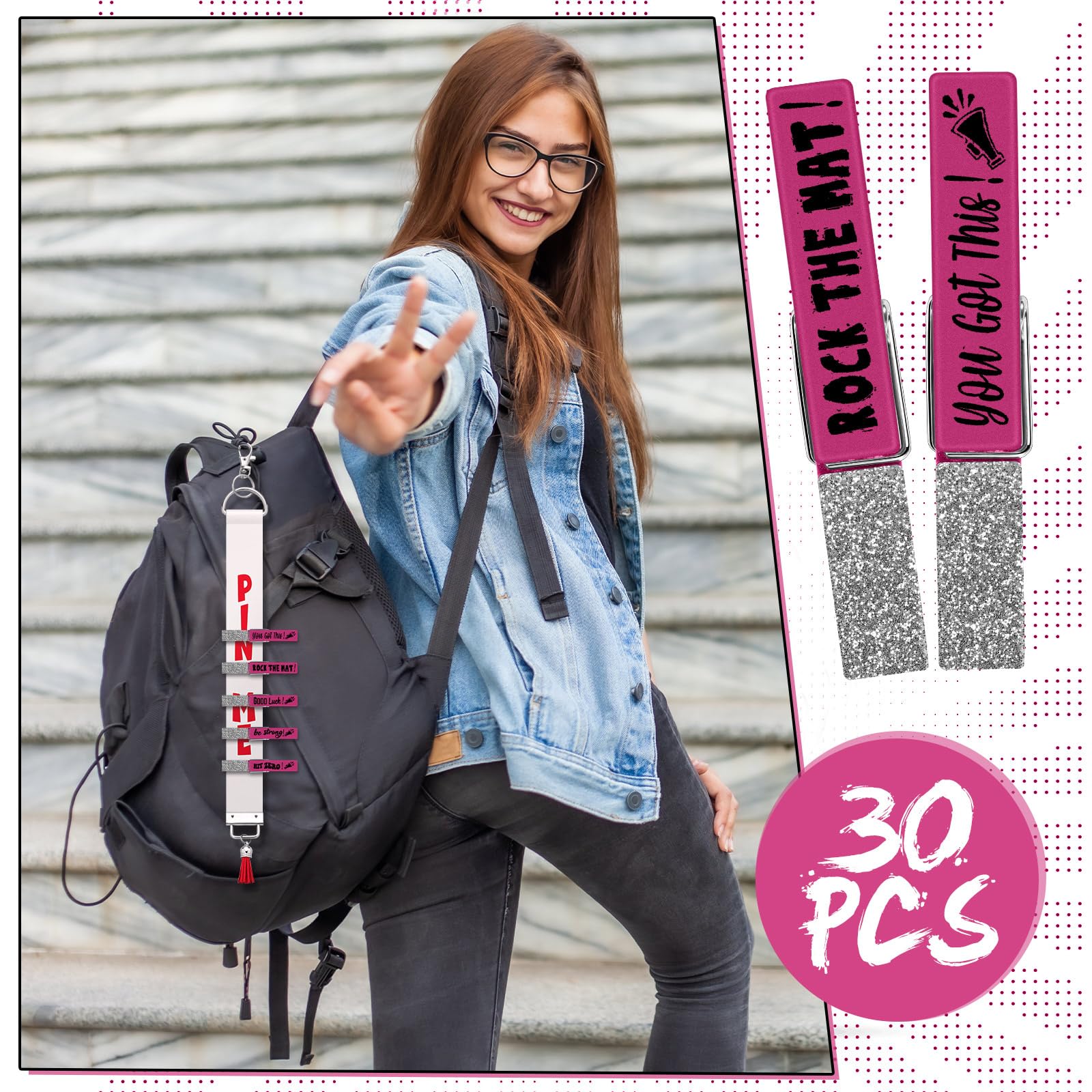 Kigeli 30 Pcs Spirit Clips Cheer Pins Cheerleader Gifts Clothes Pins for Backpacks Competition Glittered for Team Cheer Gifts St