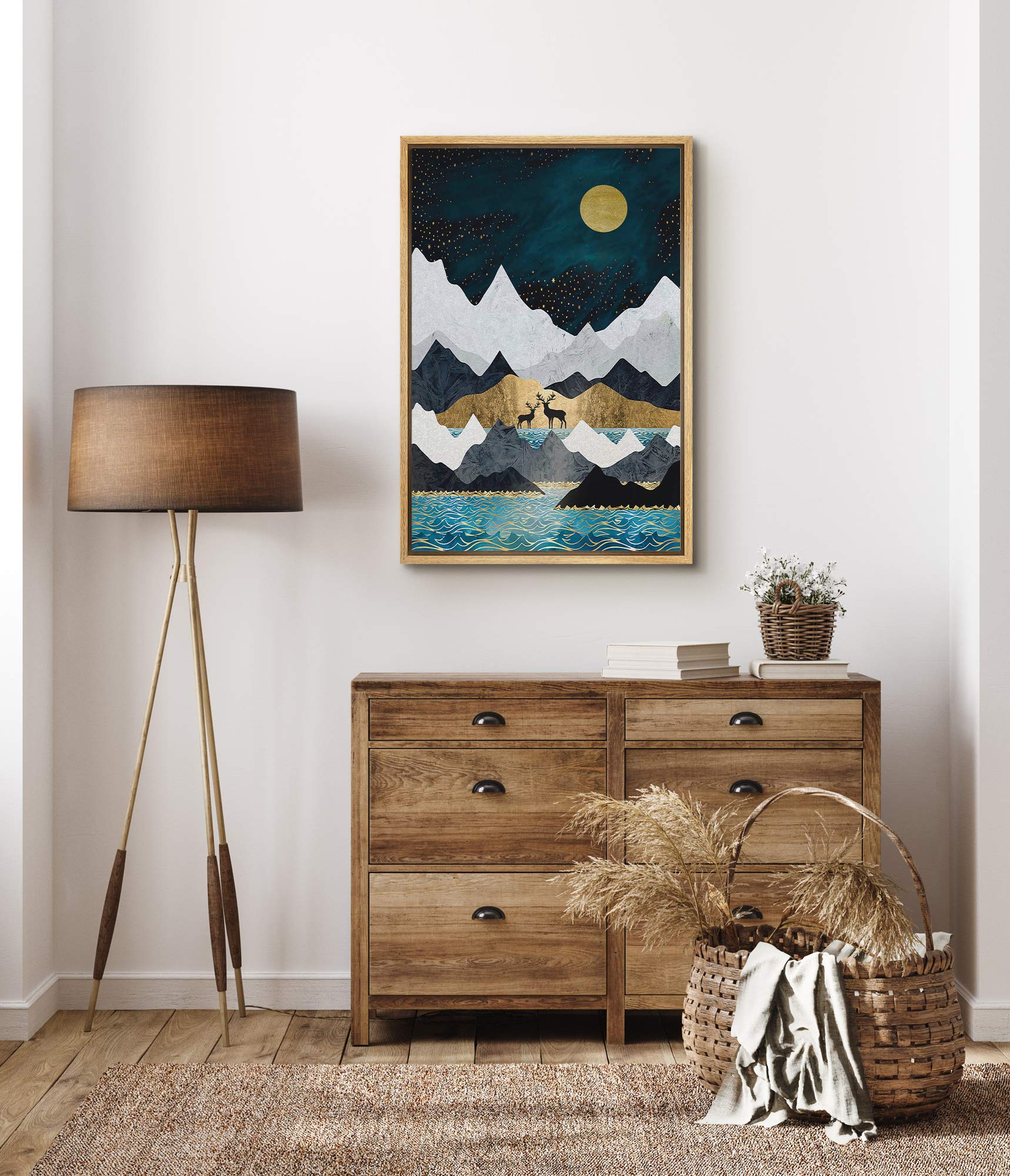 Signford Framed Canvas Print Wall Art Elk Duo With Multicolor Mountains & Blue Sea Abstract Wilderness Illustrations Modern Art