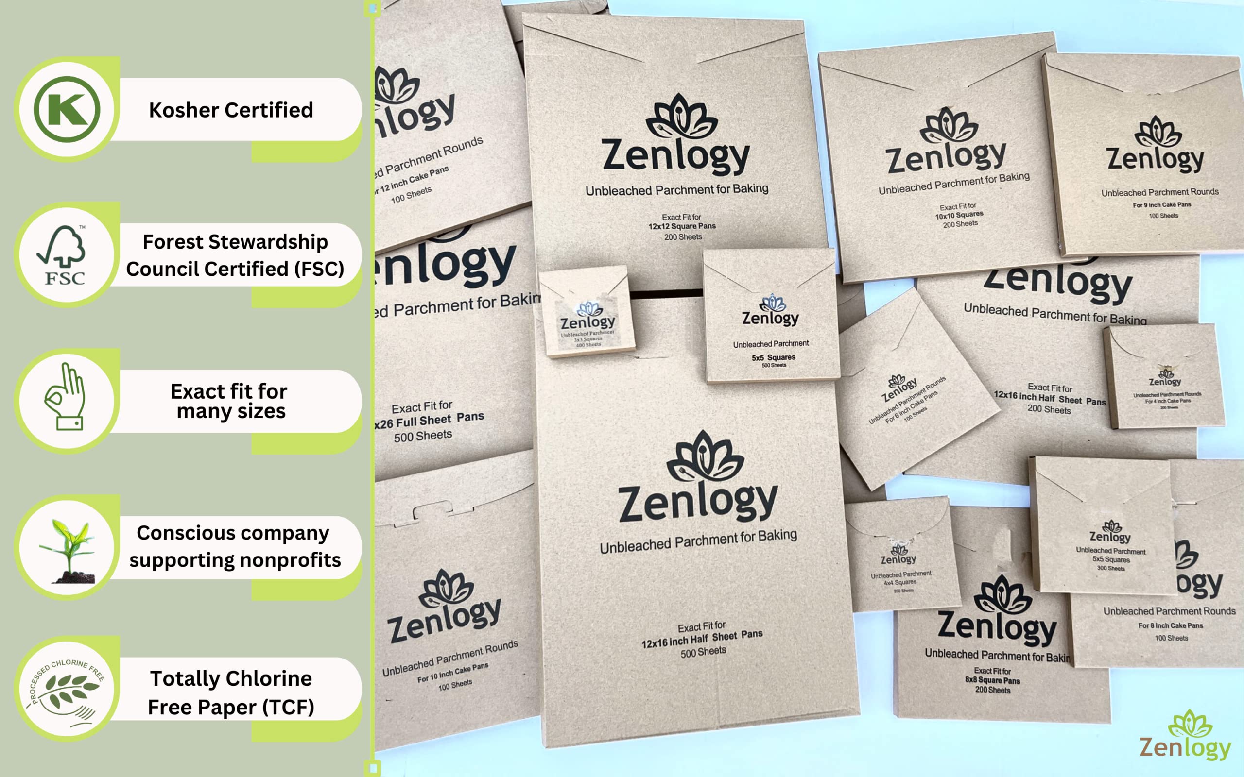 Zenlogy 10X10 Parchment Paper Squares (200 Sheets), Unbleached, High Heat, Non-Stick, Pre-Cut Baking Paper - Fits 10X10 Square P