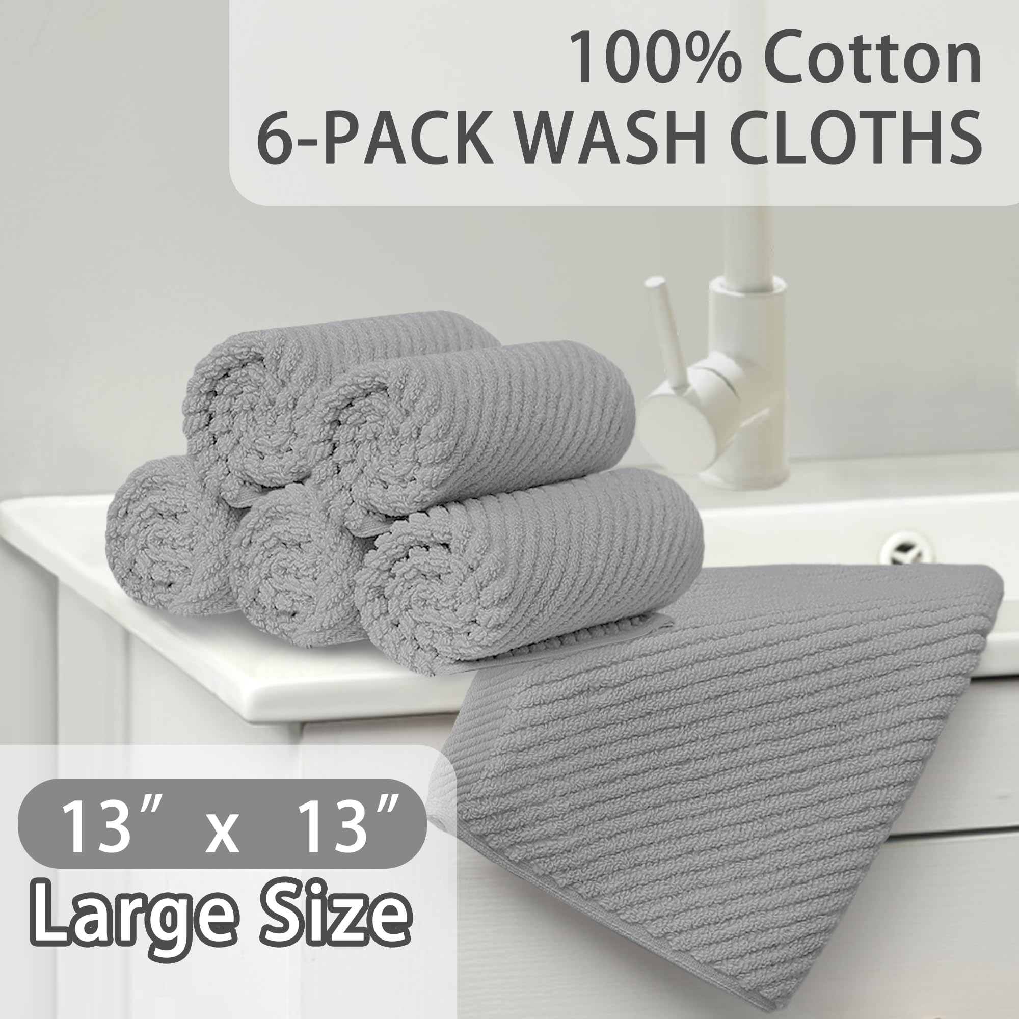 Voova & Movas Grey Washcloths 6Pc (13''X13'') - 100% Cotton | Lightweight | Thick | Quick Dry | Soft | Absorbent, Small Hand Tow