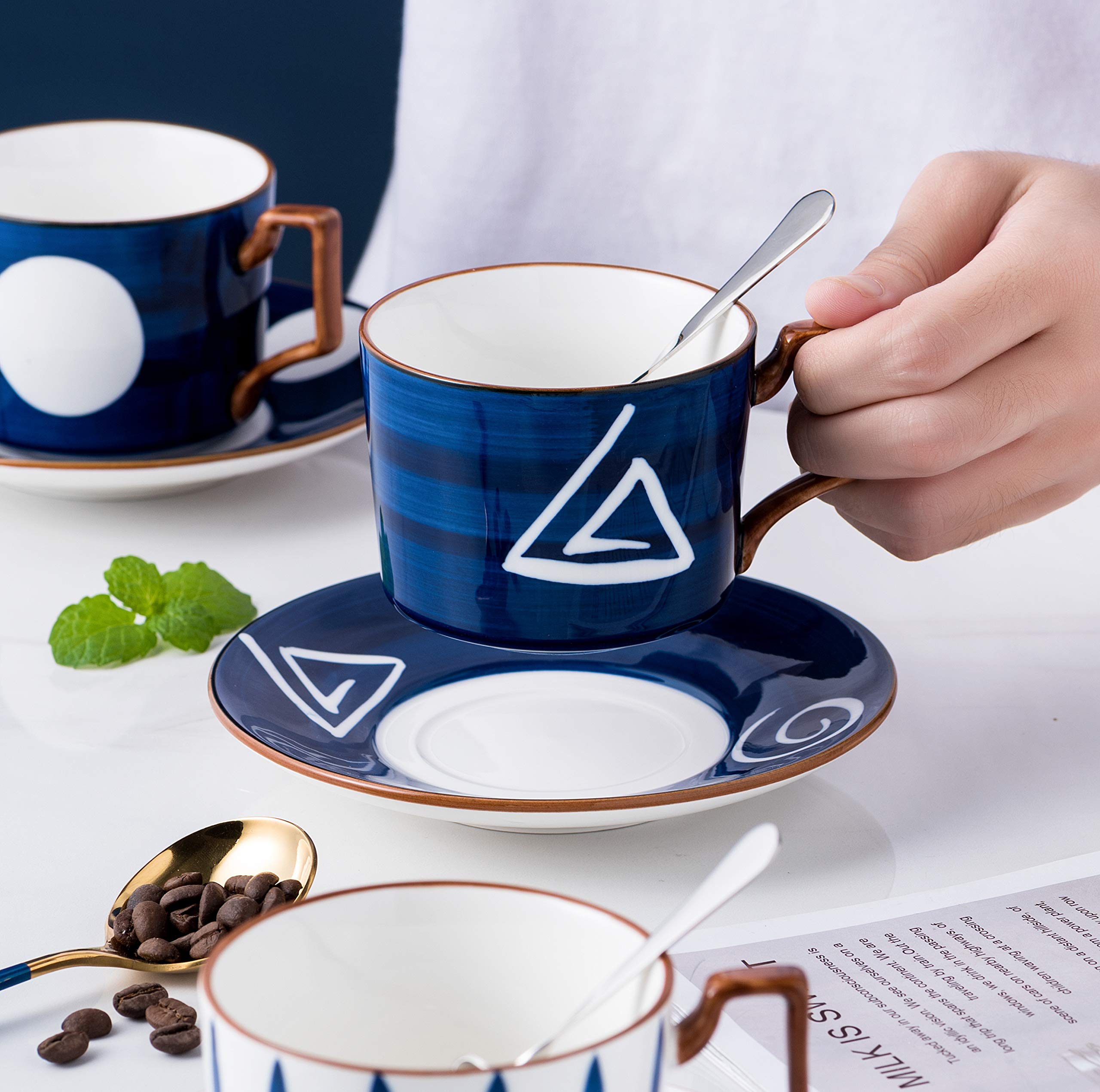 Jusalpha Japanese Style Hand Printed- 7Oz Fine China Tea Cup/Coffee Cup With Spoon And Tray/Saucer Set, Tableware, Serve Of 4, T